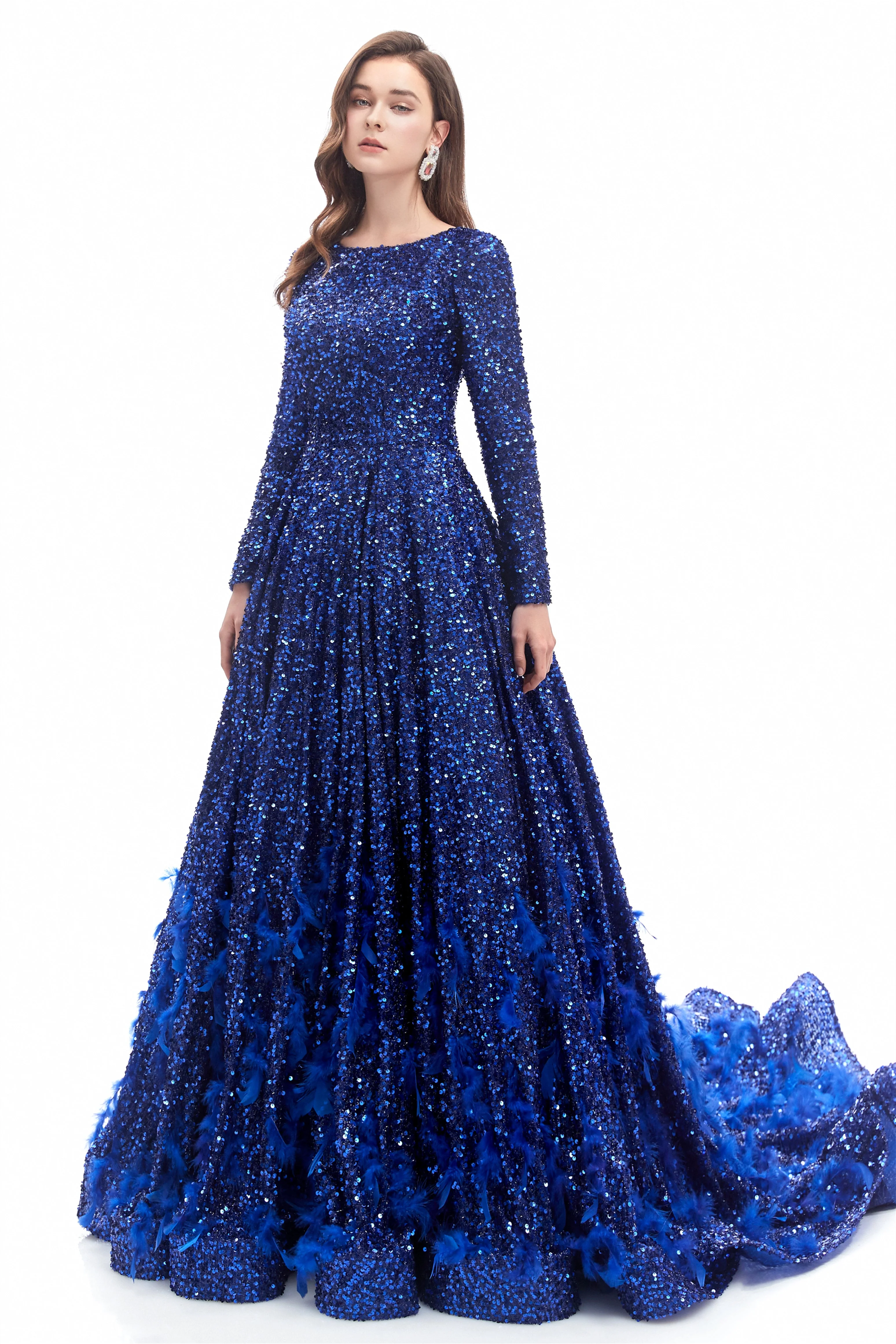 Mermaid Jewel Sequined Floor-length Long Sleeve With Feather Prom Dress - Image 5