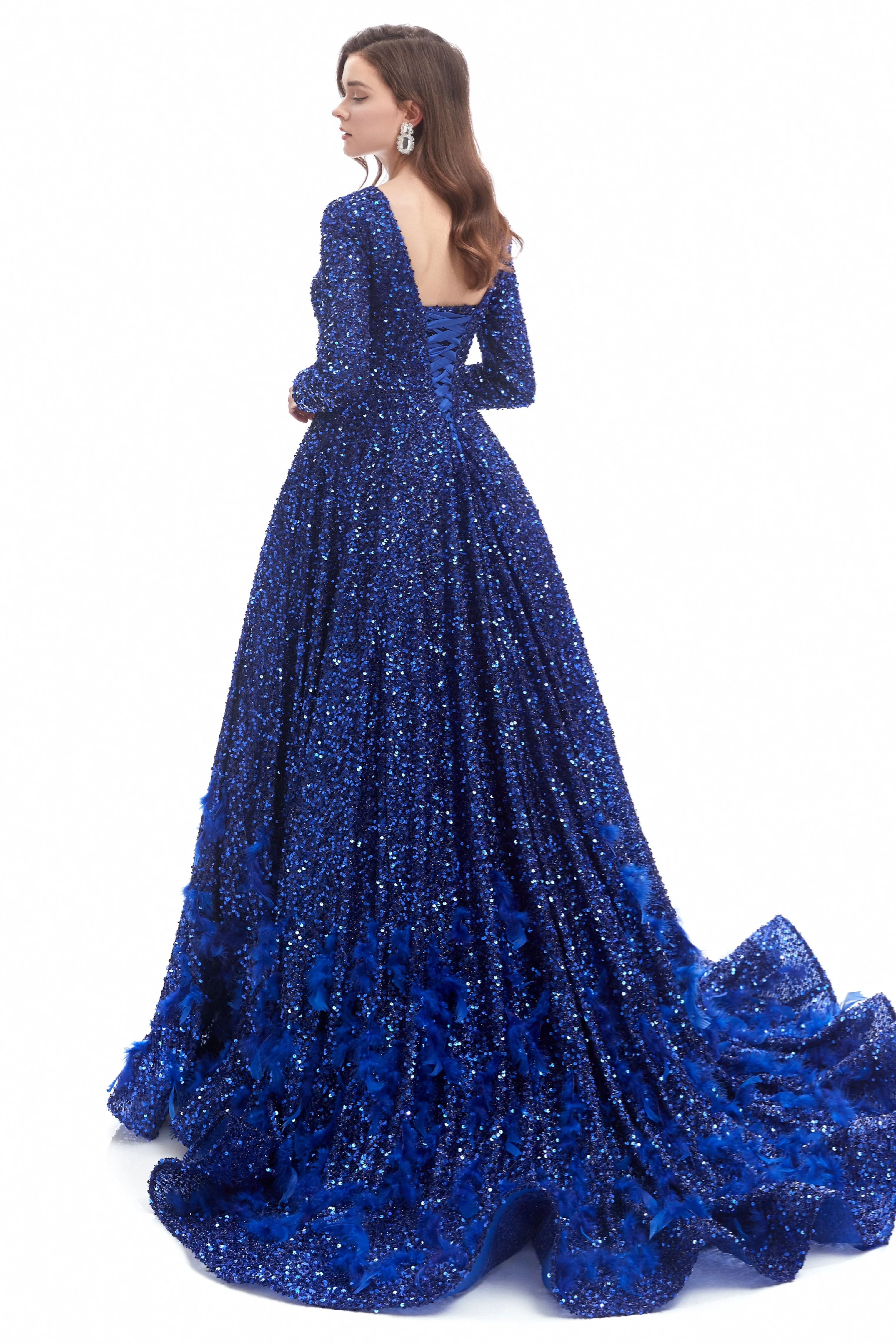 Mermaid Jewel Sequined Floor-length Long Sleeve With Feather Prom Dress - Image 6