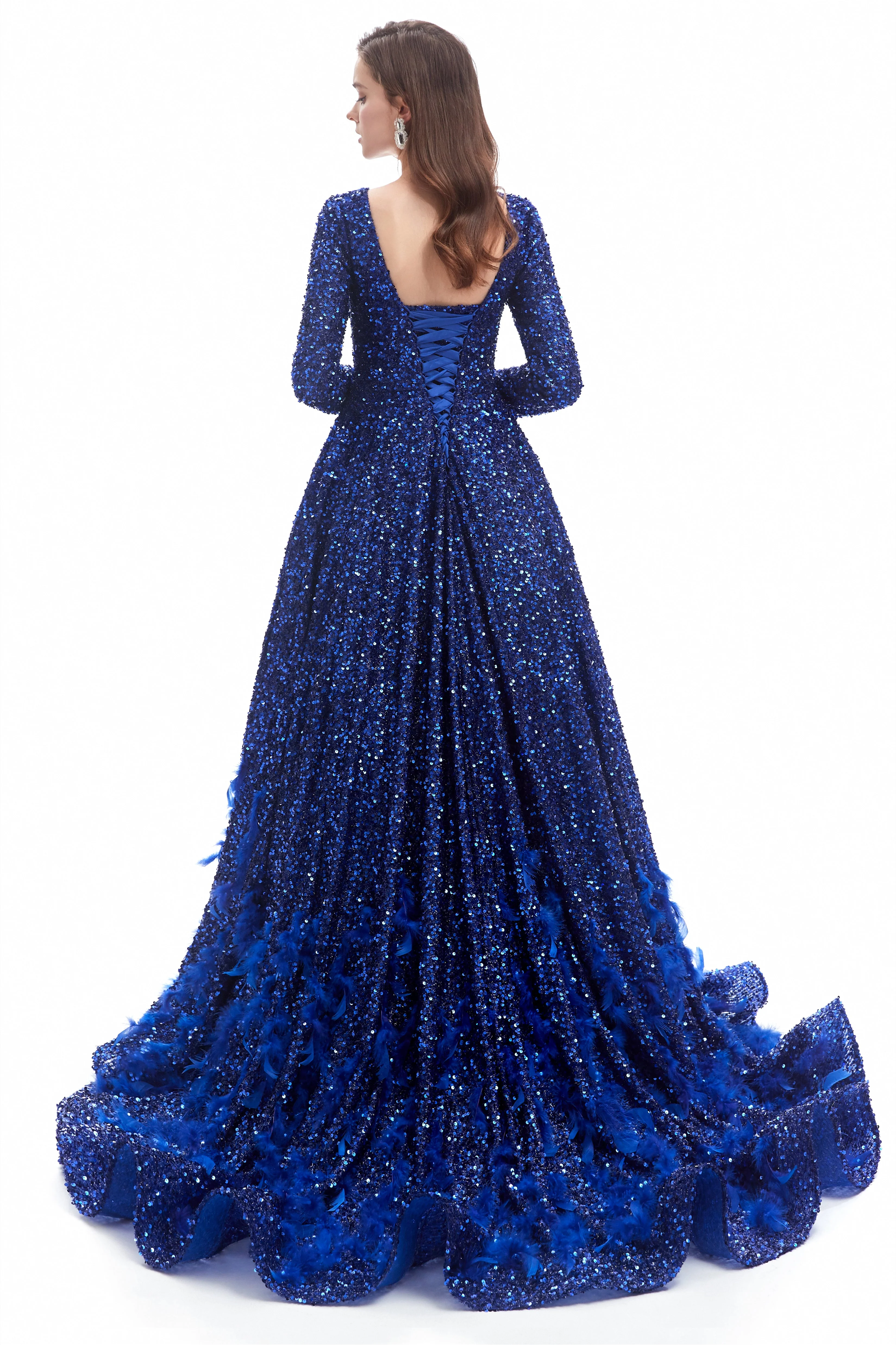 Mermaid Jewel Sequined Floor-length Long Sleeve With Feather Prom Dress - Image 7