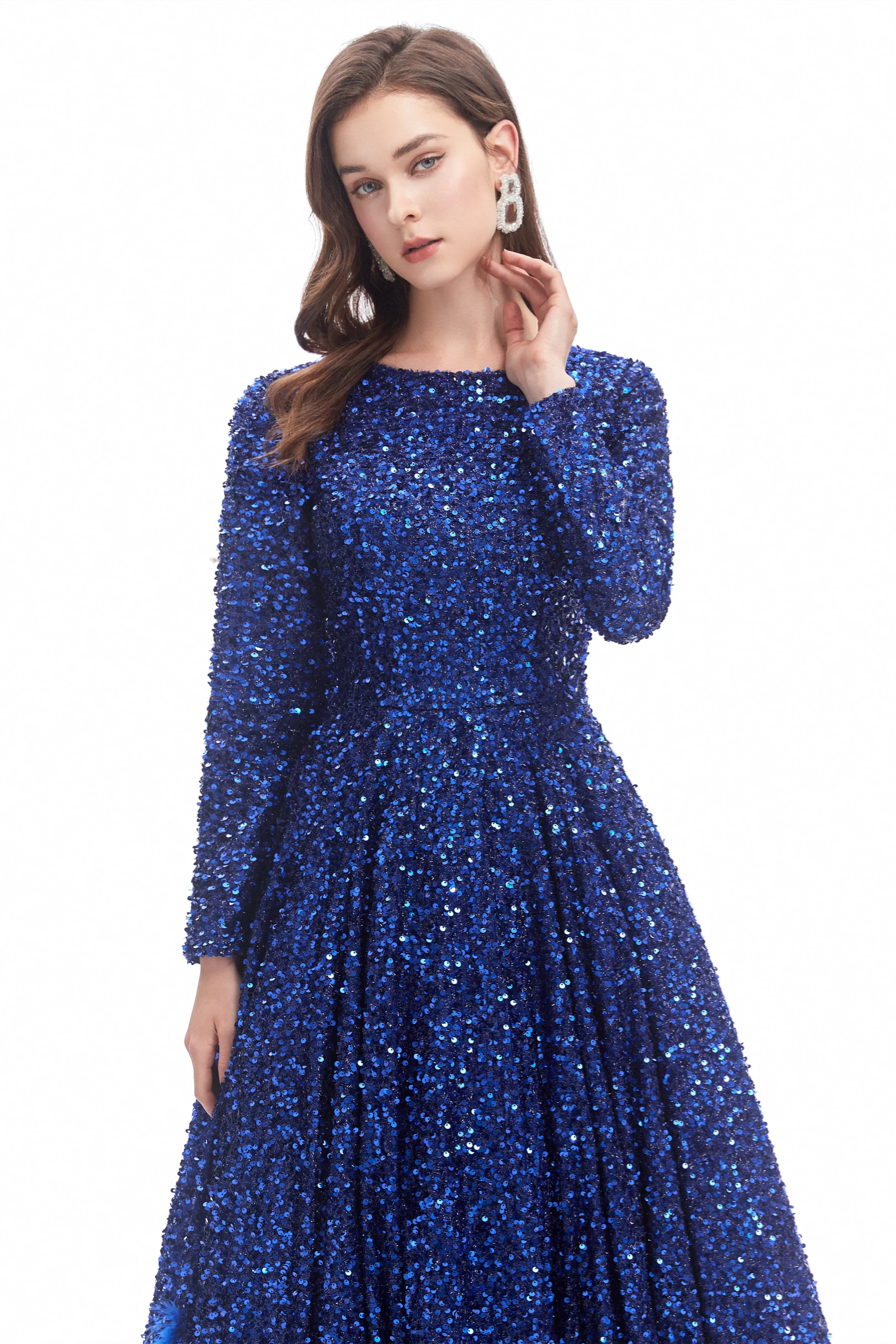 Mermaid Jewel Sequined Floor-length Long Sleeve With Feather Prom Dress - Image 8