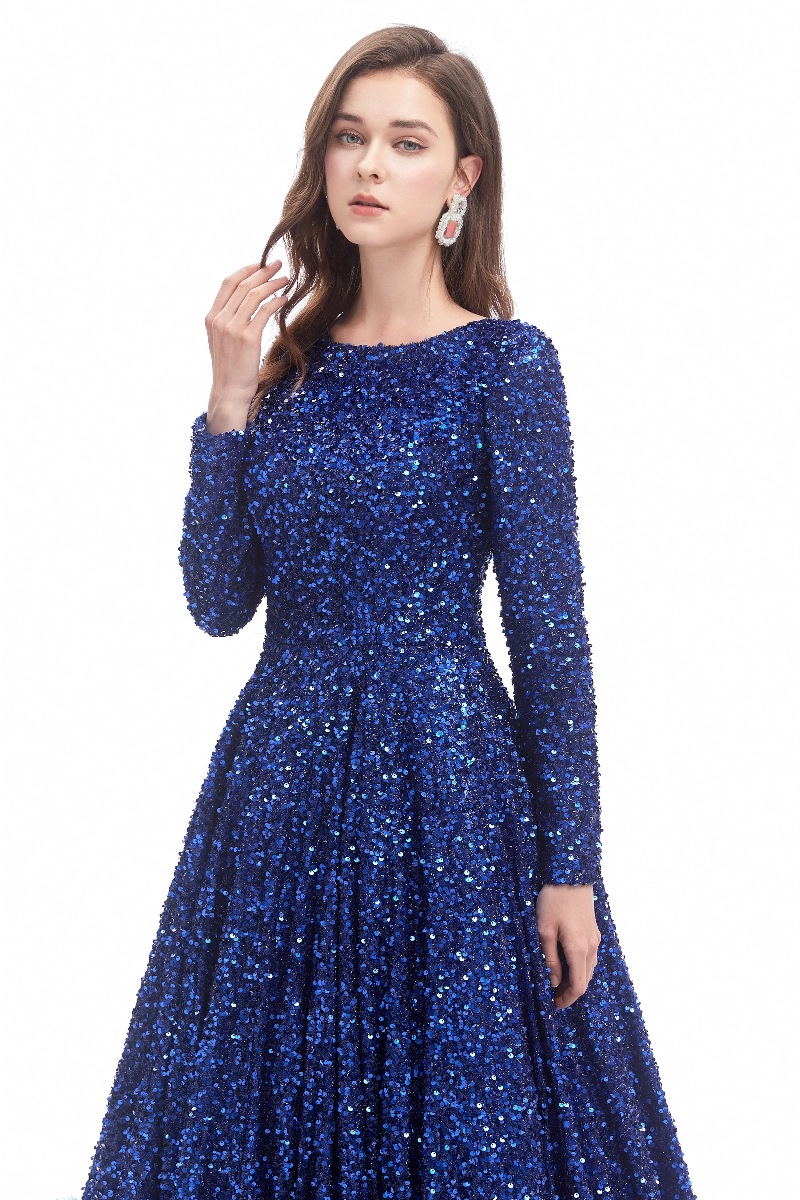 Mermaid Jewel Sequined Floor-length Long Sleeve With Feather Prom Dress - Image 9