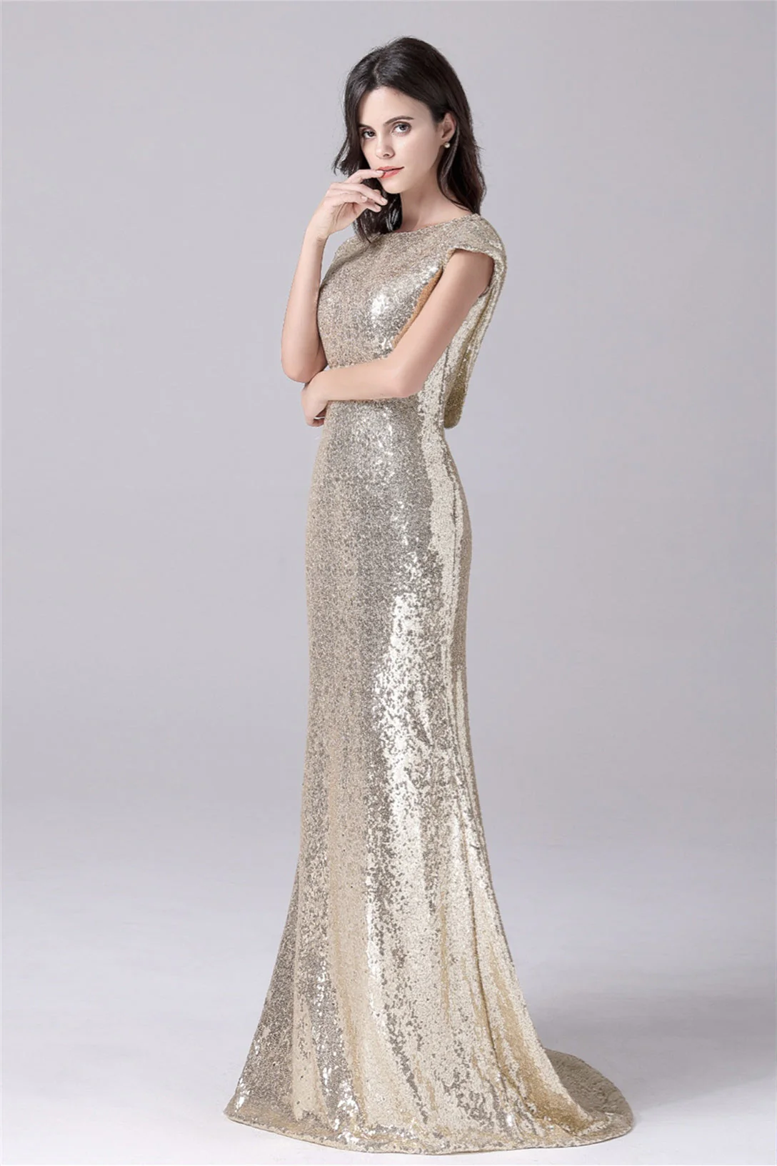 Mermaid Jewel Sequined Floor Length Short sleeves mother's dress - Image 6