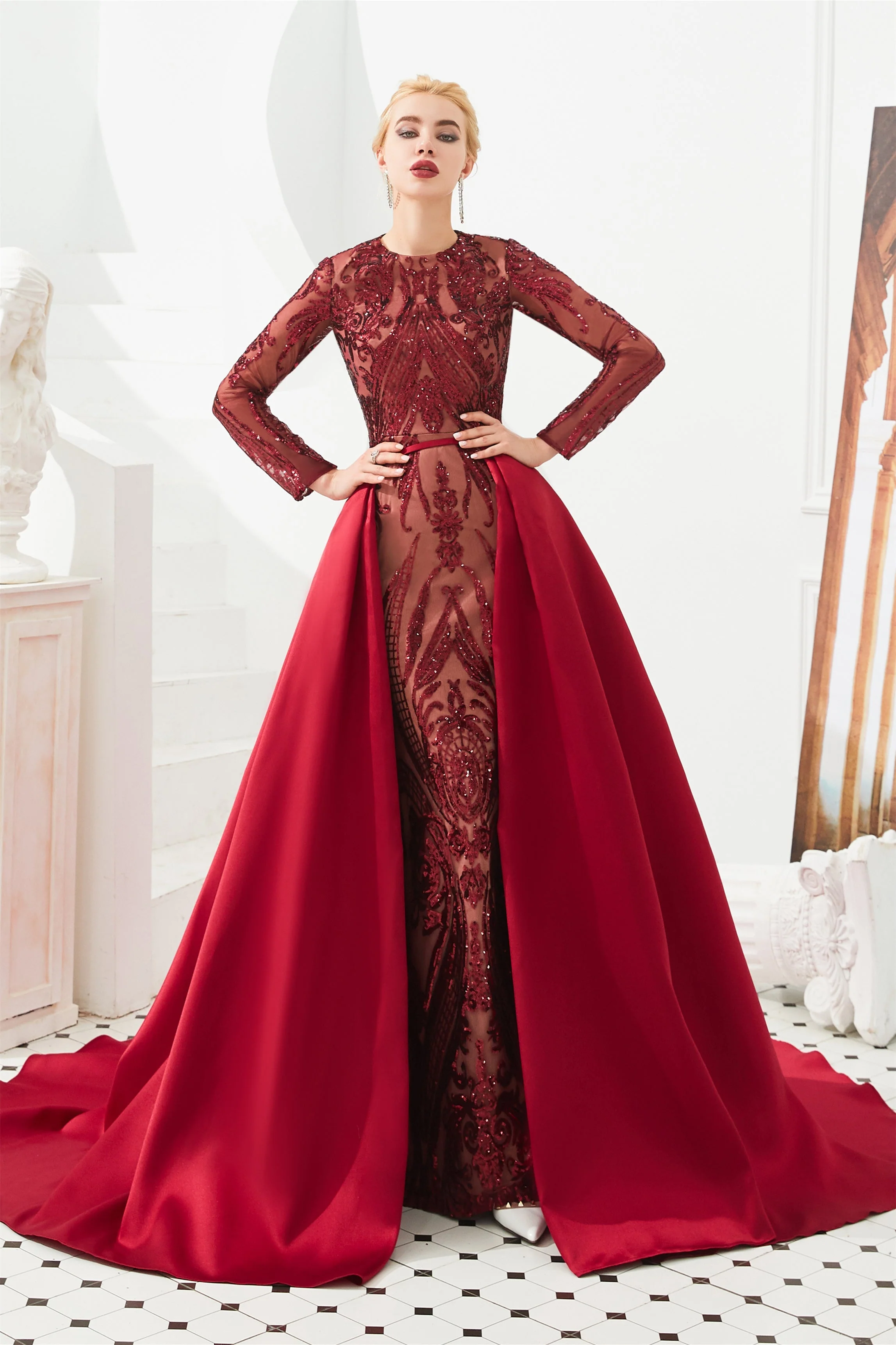 Mermaid Jewel With Detachable Train Sequined Floor-length Long Sleeve Appliques Lace Prom Dress - Image 10