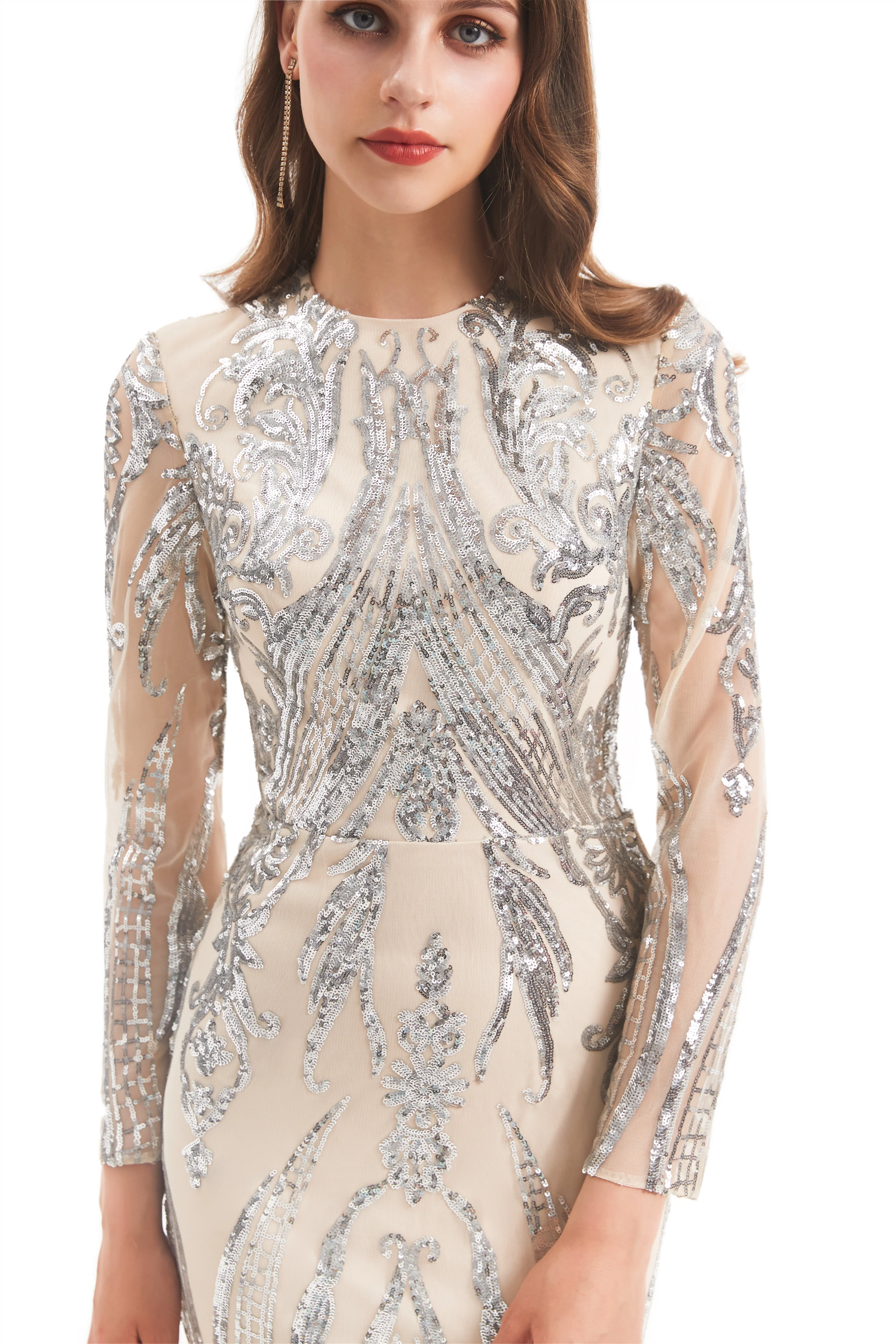 Mermaid Jewel With Detachable Train Sequined Floor-length Long Sleeve Appliques Lace Prom Dress - Image 11