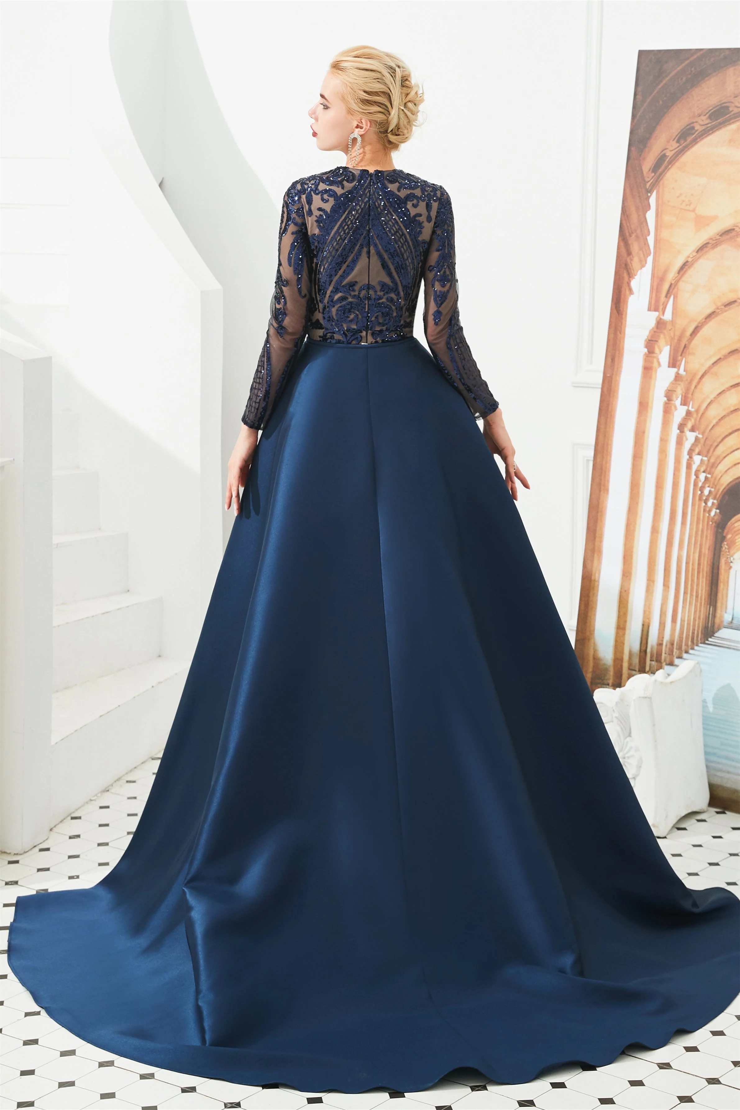 Mermaid Jewel With Detachable Train Sequined Floor-length Long Sleeve Appliques Lace Prom Dress - Image 2