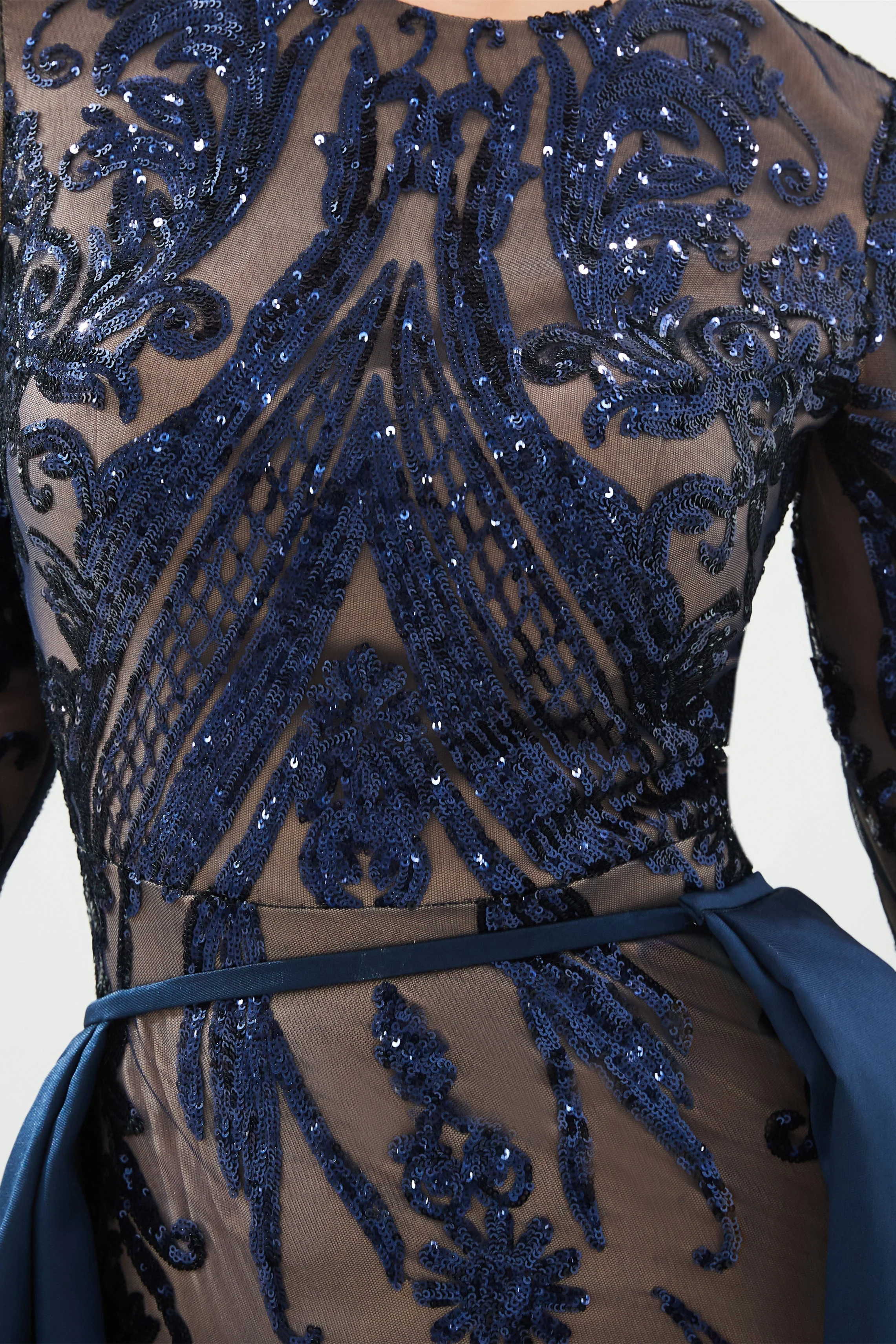 Mermaid Jewel With Detachable Train Sequined Floor-length Long Sleeve Appliques Lace Prom Dress - Image 3