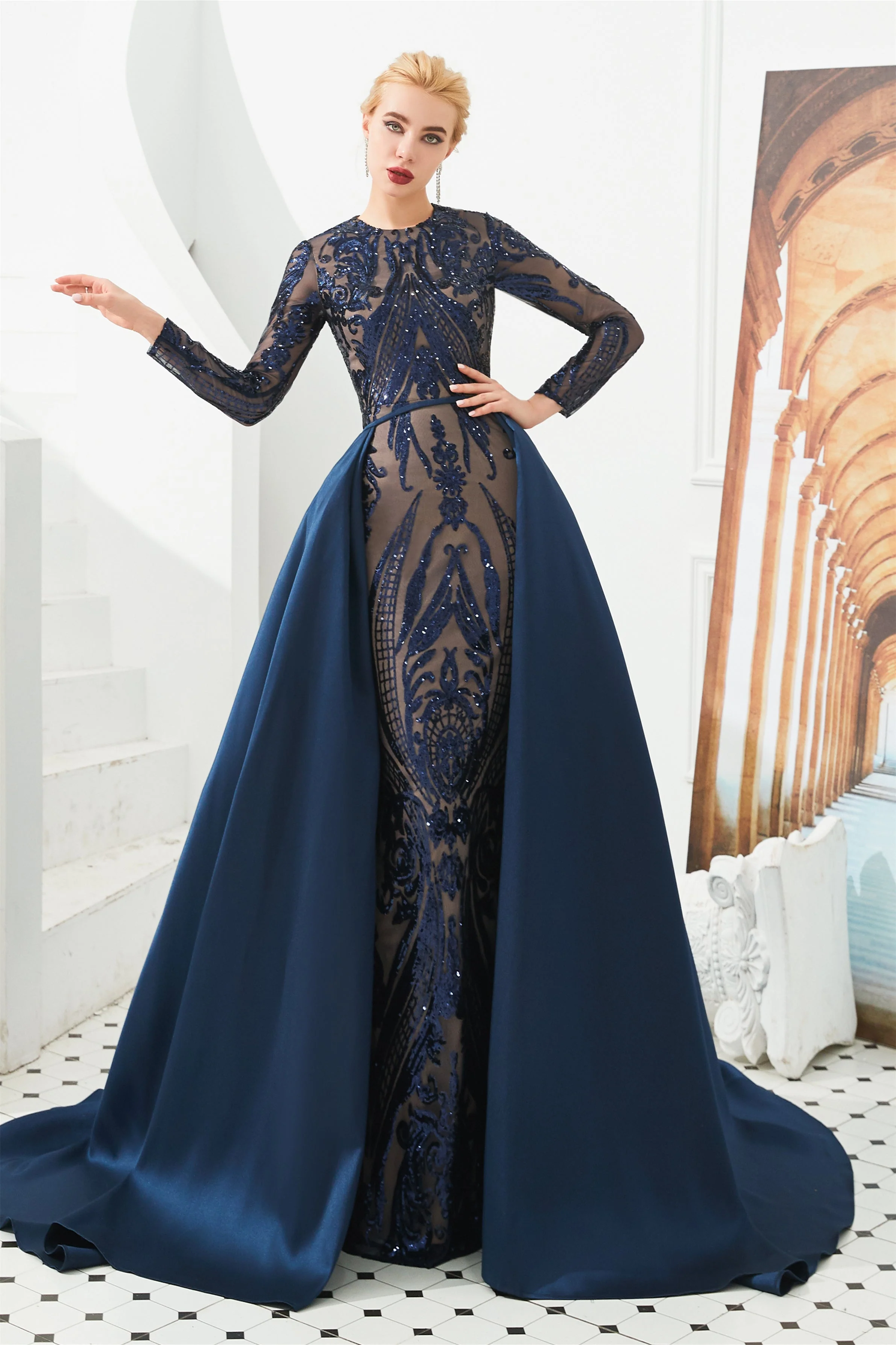 Mermaid Jewel With Detachable Train Sequined Floor-length Long Sleeve Appliques Lace Prom Dress - Image 4