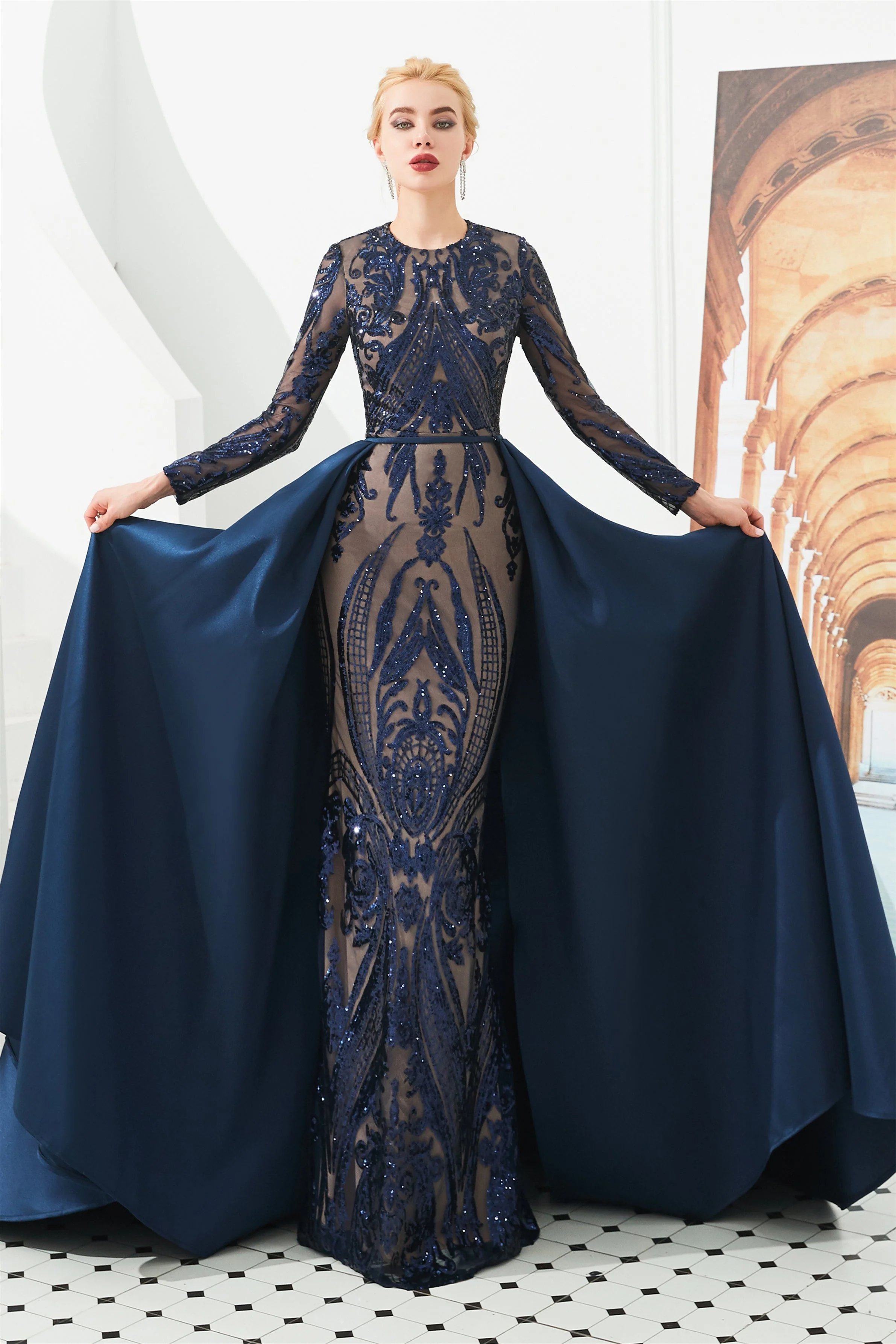 Mermaid Jewel With Detachable Train Sequined Floor-length Long Sleeve Appliques Lace Prom Dress - Image 5