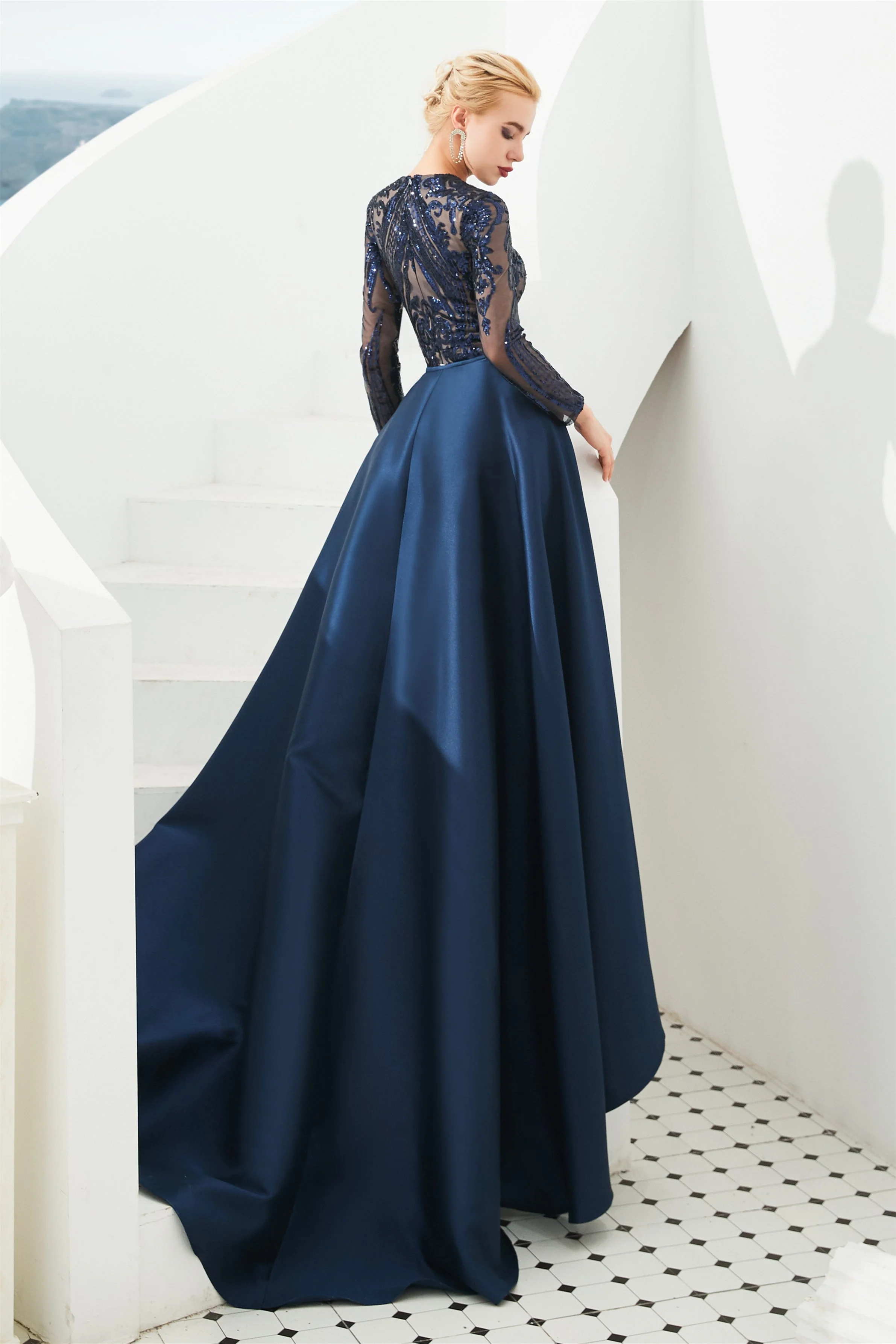 Mermaid Jewel With Detachable Train Sequined Floor-length Long Sleeve Appliques Lace Prom Dress - Image 6
