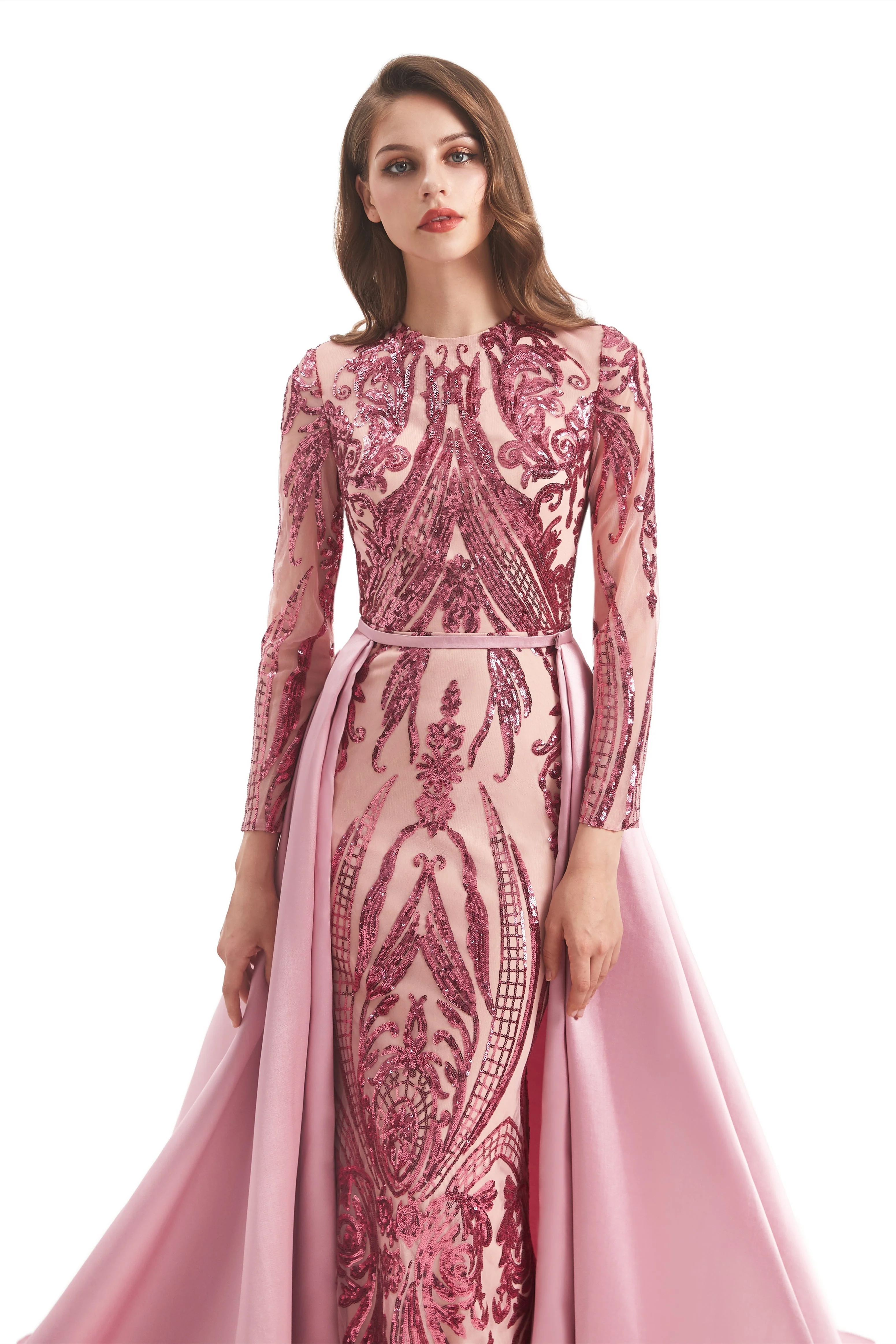 Mermaid Jewel With Detachable Train Sequined Floor-length Long Sleeve Appliques Lace Prom Dress - Image 9