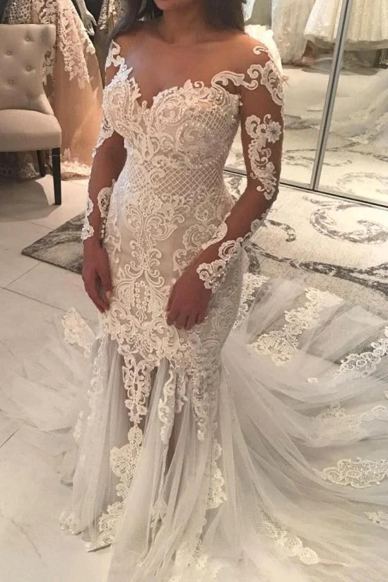 Mermaid Lace Appliques Modern Tulle Wedding Dress Long Sleeves Bride Dress With Long Train - Image 2
