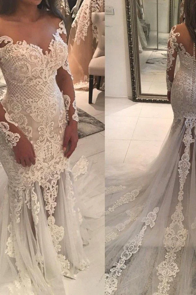 Mermaid Lace Appliques Modern Tulle Wedding Dress Long Sleeves Bride Dress With Long Train - Image 3