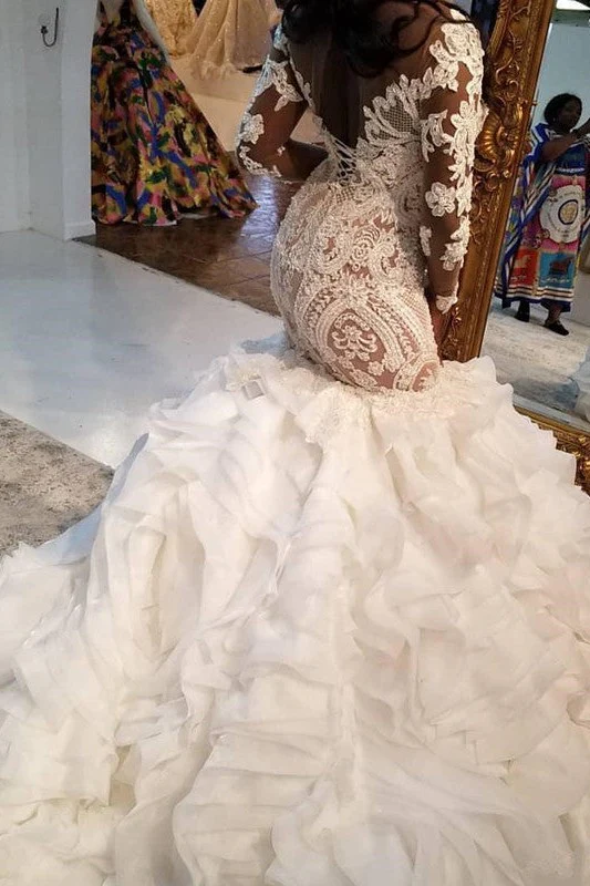 Mermaid Lace Appliques Tulle Wedding Dresses Long Sleevess Delicate Bridal Gowns - Image 3