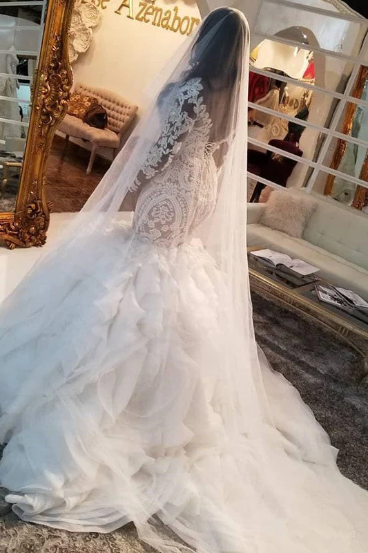 Mermaid Lace Appliques Tulle Wedding Dresses Long Sleevess Delicate Bridal Gowns - Image 4