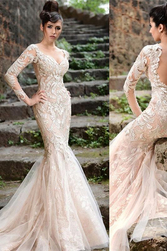 Mermaid Long Sleeves Ivory Lace Wedding Dresses Modern Sheer Tulle See Through Back Evening Dresses - Image 2