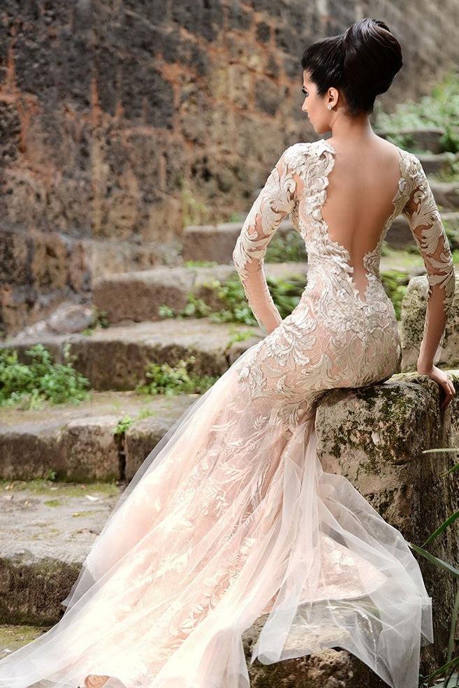 Mermaid Long Sleeves Ivory Lace Wedding Dresses Modern Sheer Tulle See Through Back Evening Dresses - Image 3