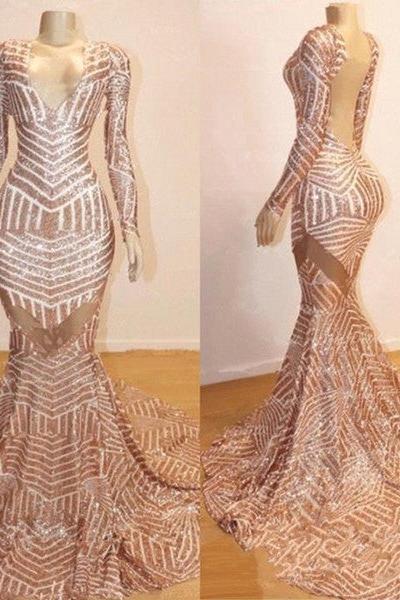 Mermaid Long Sleevess V-neck Sequined Sweep Train Prom Dresses - Image 2
