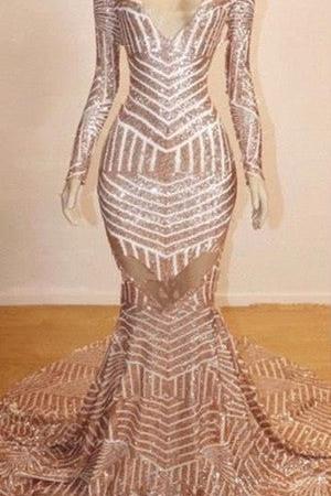 Mermaid Long Sleevess V-neck Sequined Sweep Train Prom Dresses - Image 3