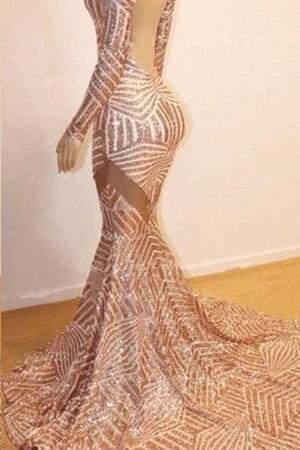 Mermaid Long Sleevess V-neck Sequined Sweep Train Prom Dresses - Image 4