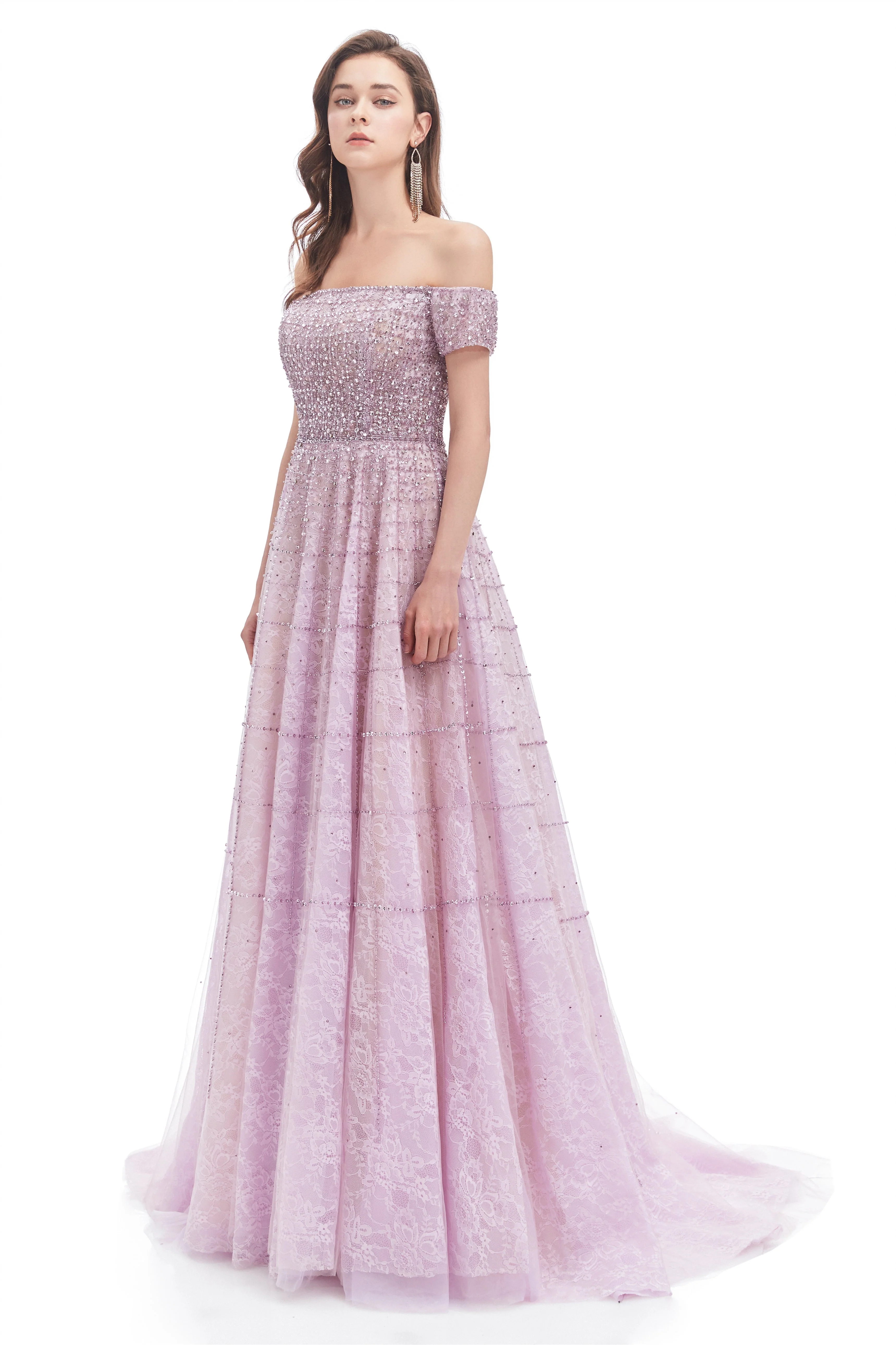 Mermaid Off-the-shoulder Beaded Lace Floor-length Sequined Prom Dress - Image 3