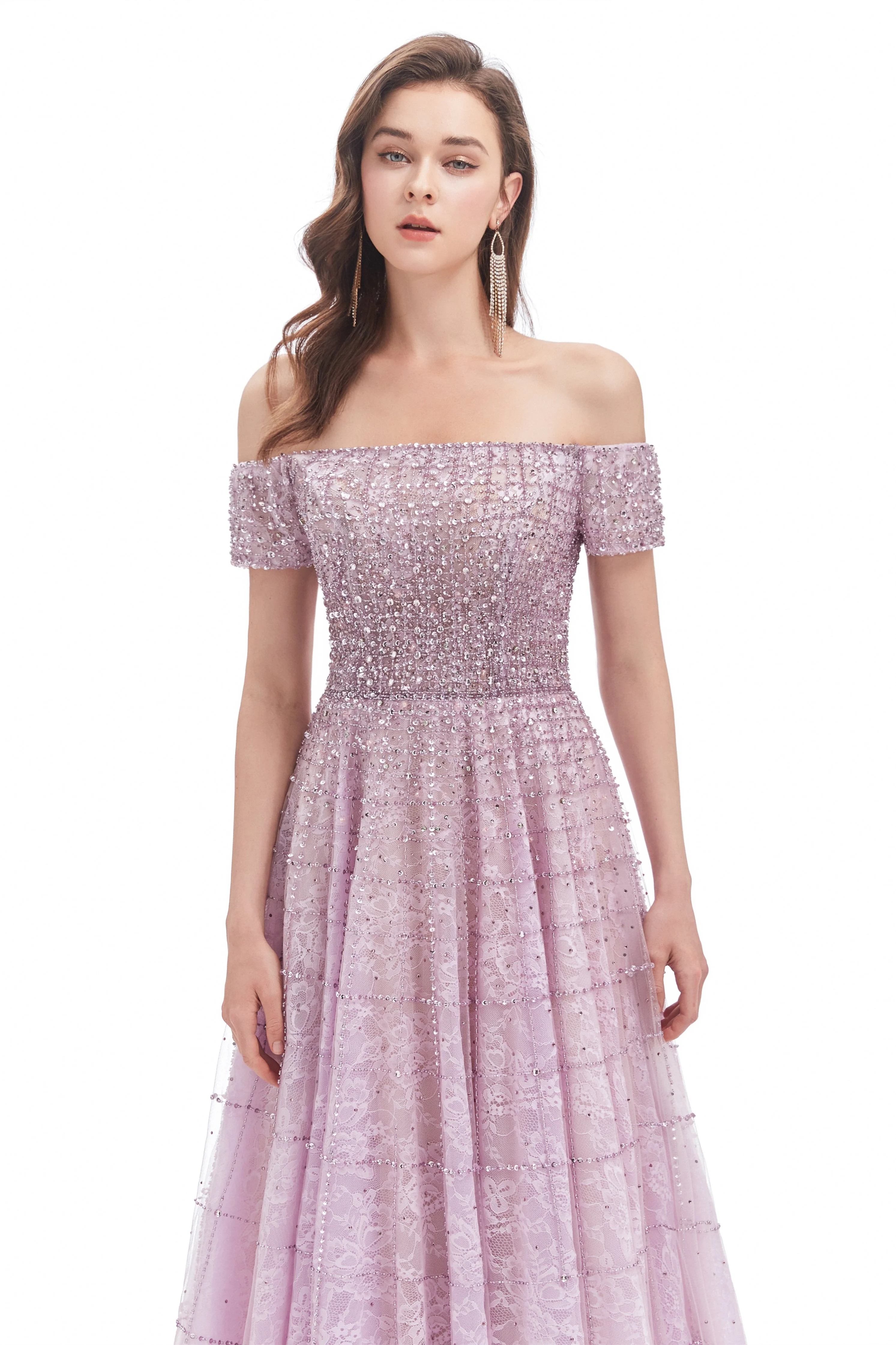 Mermaid Off-the-shoulder Beaded Lace Floor-length Sequined Prom Dress - Image 5