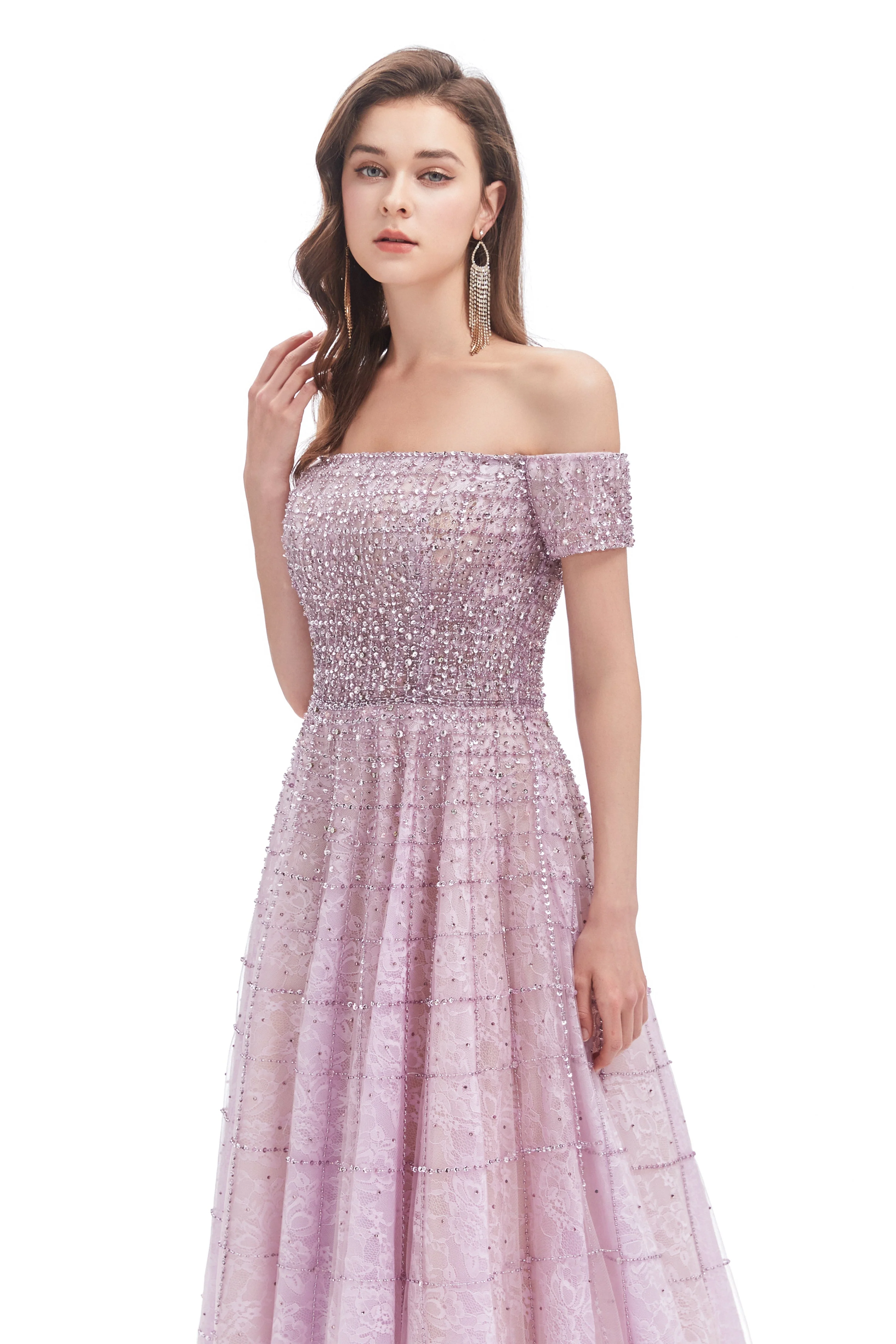 Mermaid Off-the-shoulder Beaded Lace Floor-length Sequined Prom Dress - Image 6
