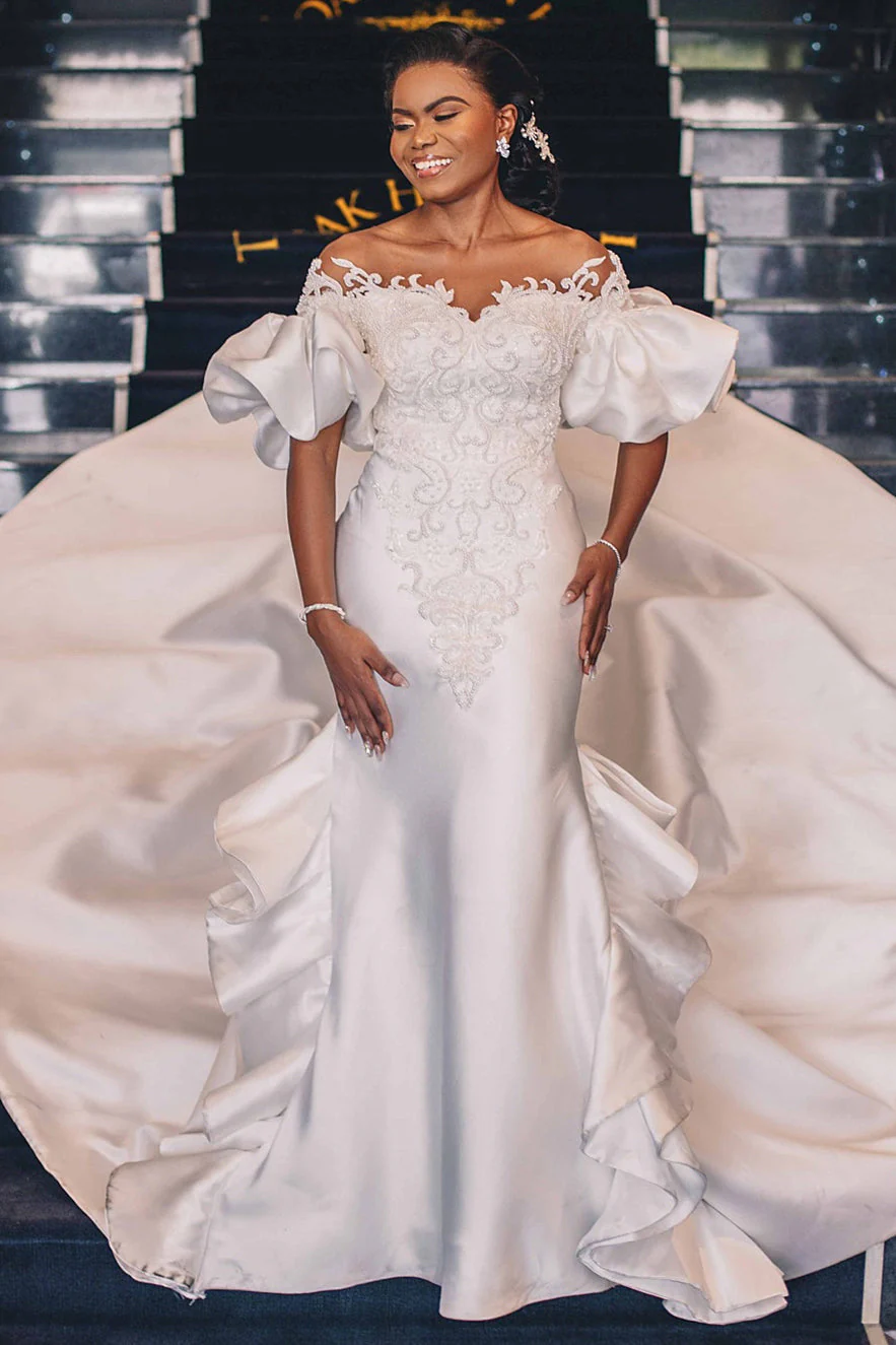 Mermaid Off-the-shoulder Long Train Charmeuse Applique Wedding Dress - Image 3