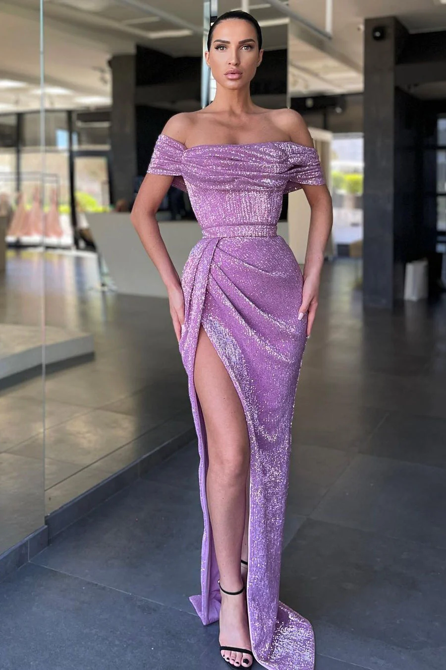 Mermaid Off-the-shoulder Sequined Floor-length High Split Open Back Prom Dress - Image 2