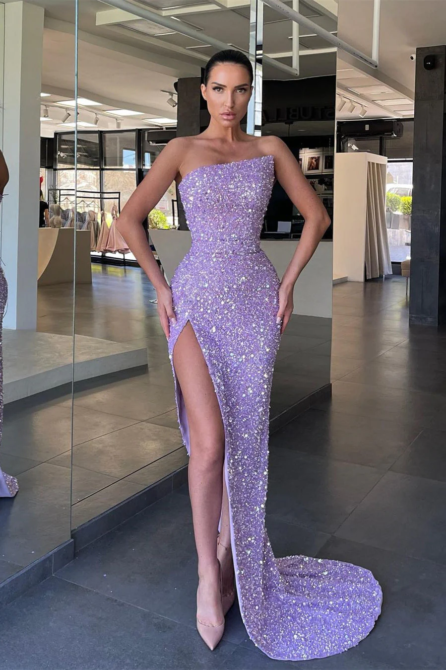 Mermaid Off-the-shoulder Sequined Floor-length High Split Open Back Prom Dress - Image 3
