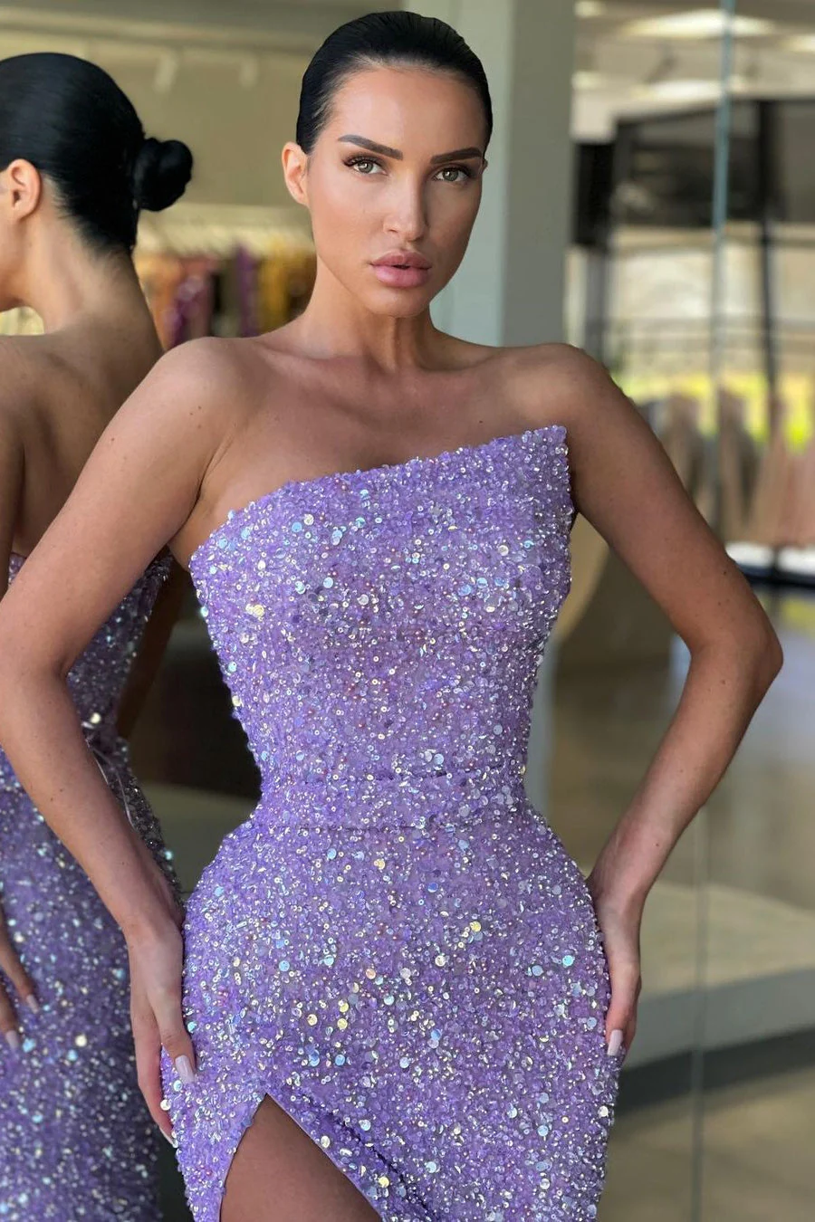 Mermaid Off-the-shoulder Sequined Floor-length High Split Open Back Prom Dress - Image 4