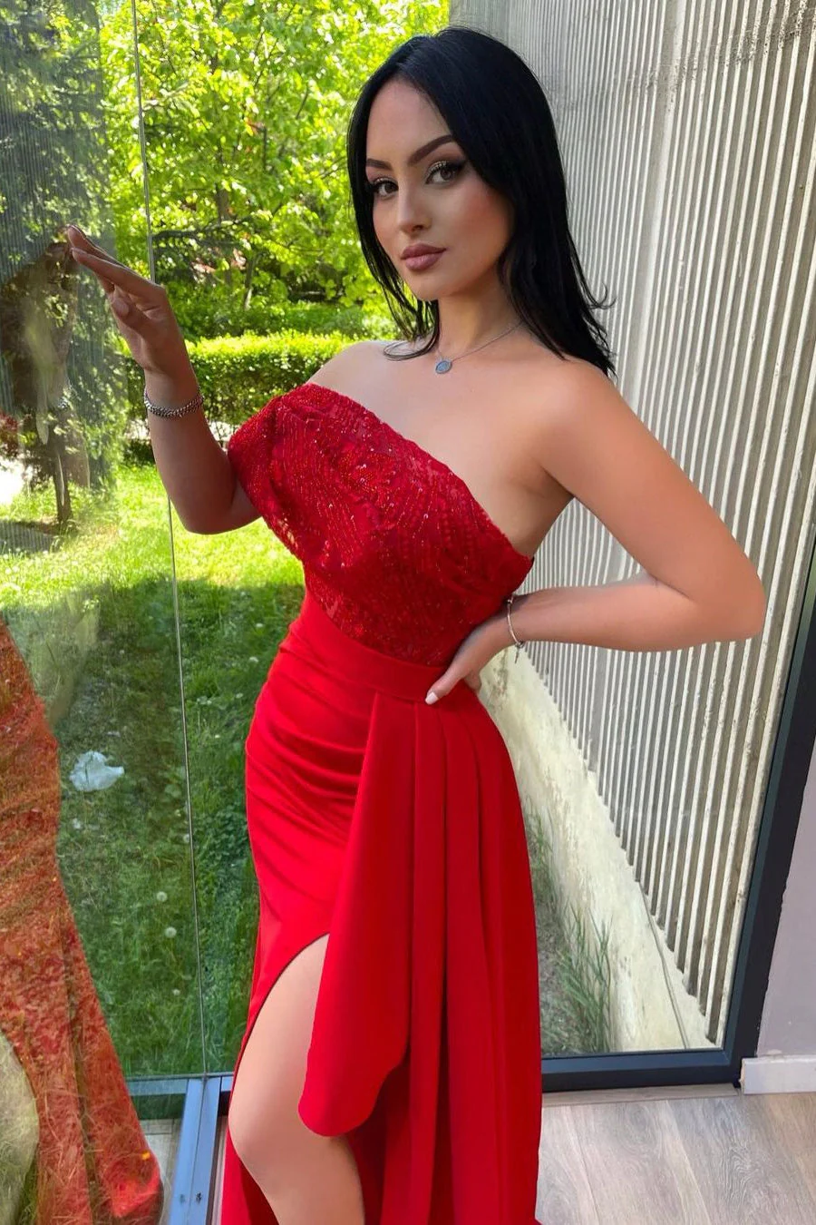 Mermaid One Shoulder Beading Lace Floor-length High Split with Side Train Prom Dress - Image 2