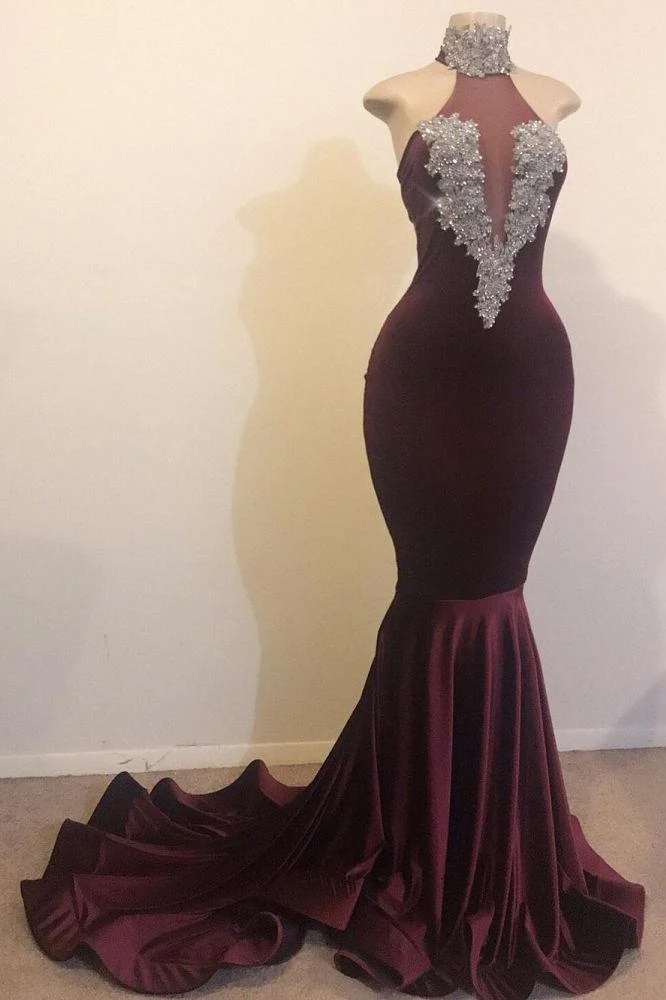 Mermaid Open Back Chic High Neck Silver Beads Appliques Prom Party Gowns - Image 2