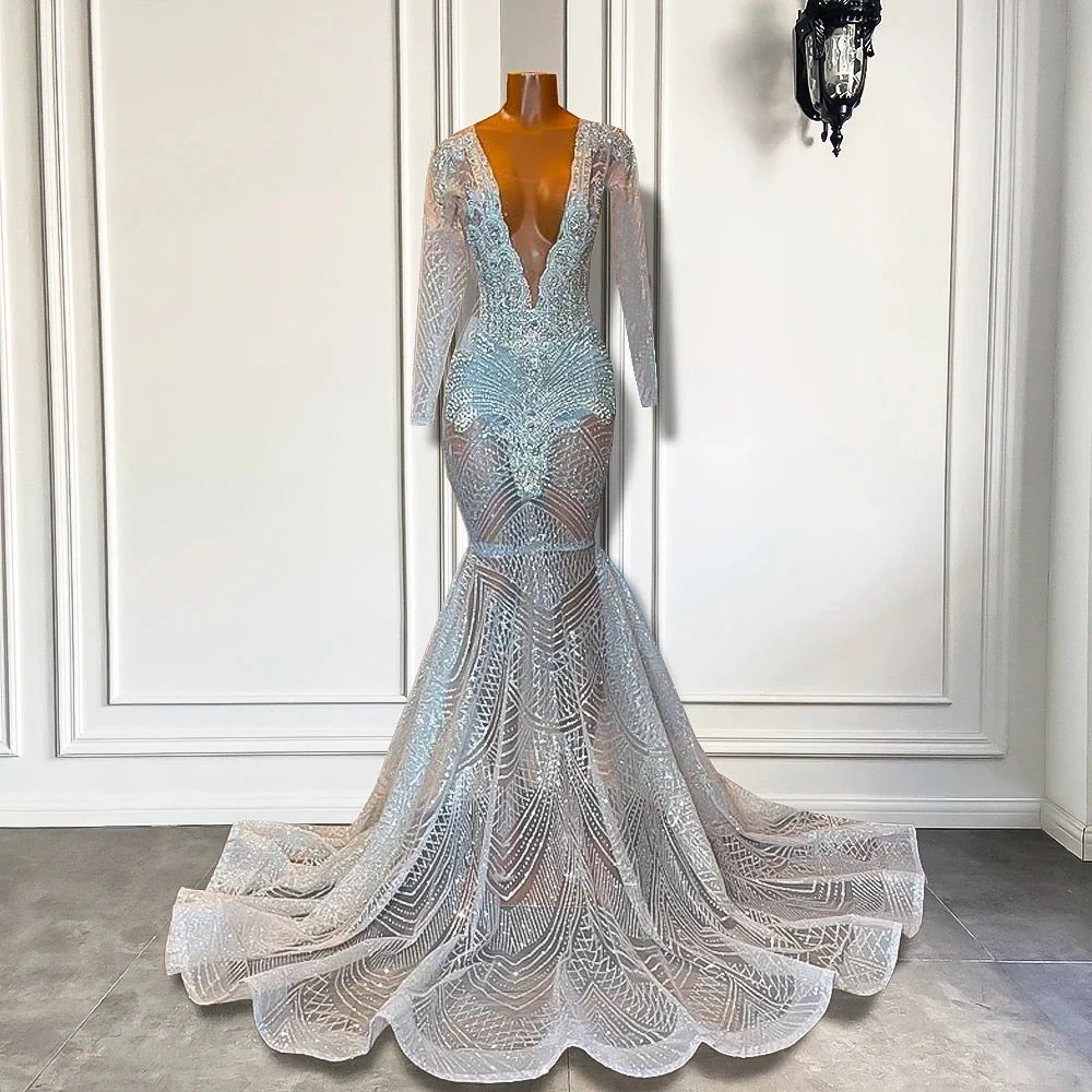 Mermaid Prom Dress with Deep V-Neck Long Sleeves Beadings - Image 2