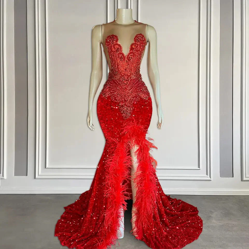 Mermaid Prom Dress with Sequins Sleeveless Split Beadings and Feather Embellishments - Image 2