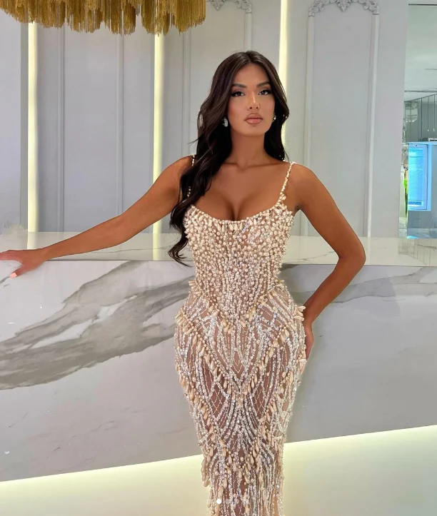 Mermaid Prom Dress with Spaghetti Straps and Sleeveless Design adorned with Beadings and Pearls - Image 2