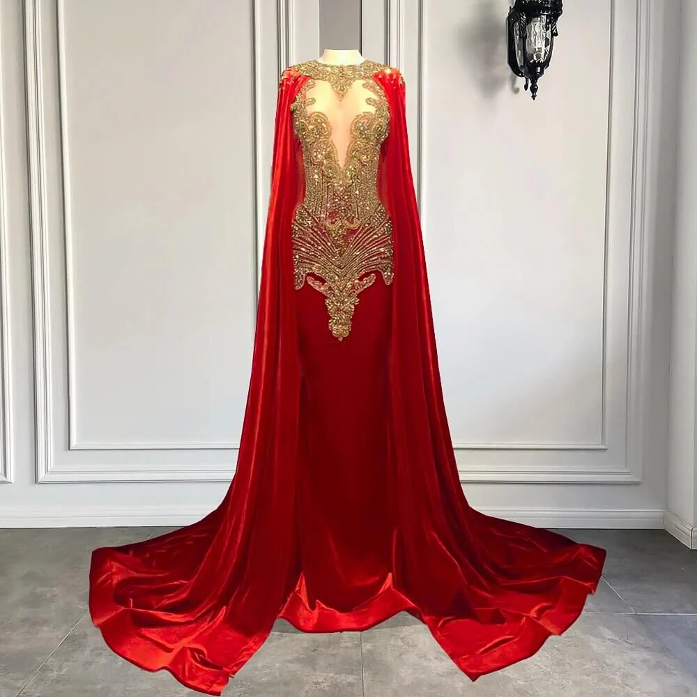 Mermaid Prom Dresses with Red Scoop Neckline and Beadings Cape - Image 2