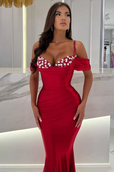 Ballbella Mermaid Red Spaghetti Straps Sweetheart Off-The-Shoulder Long Stain Evening Dress with Ruffles - Image 2