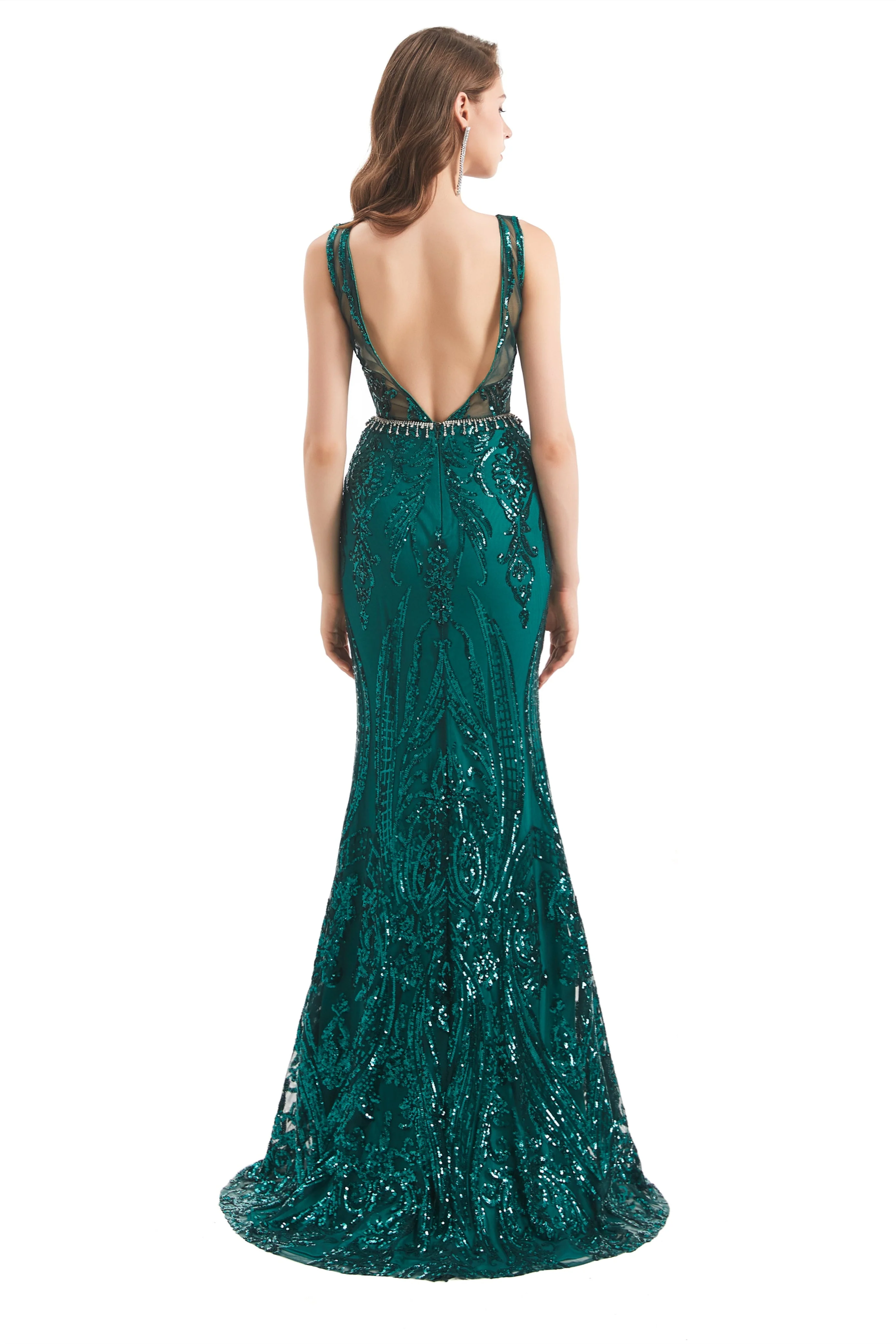 Mermaid Round Beaded Sleeveless Lace Sequined Floor-length Open Back Prom Dress - Image 2