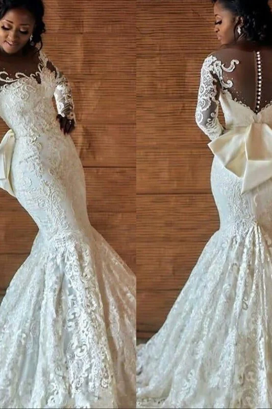 Mermaid Round Collar Long Sleeves Backless Floor Length Charmeuse Applique Wedding Dress - Image 5