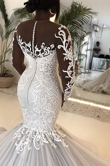 Mermaid Round Collar Long Sleeves Long Train Tulle Applique Wedding Dress - Image 3