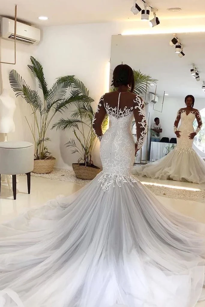 Mermaid Round Collar Long Sleeves Long Train Tulle Applique Wedding Dress - Image 4