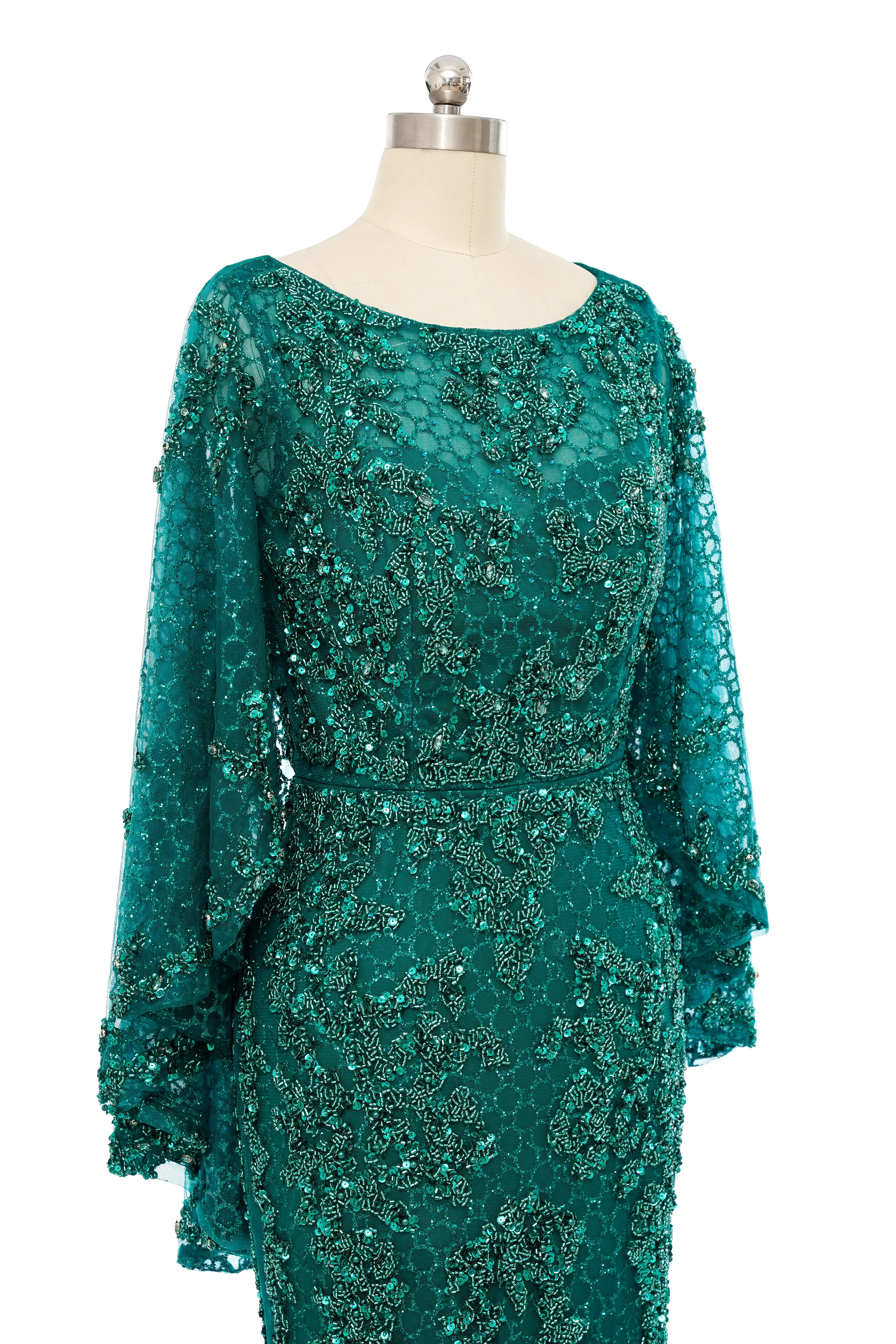 Mermaid Round Floor-length Long Sleeve Sequined Beading Gorgeous Prom Dresses - Image 4