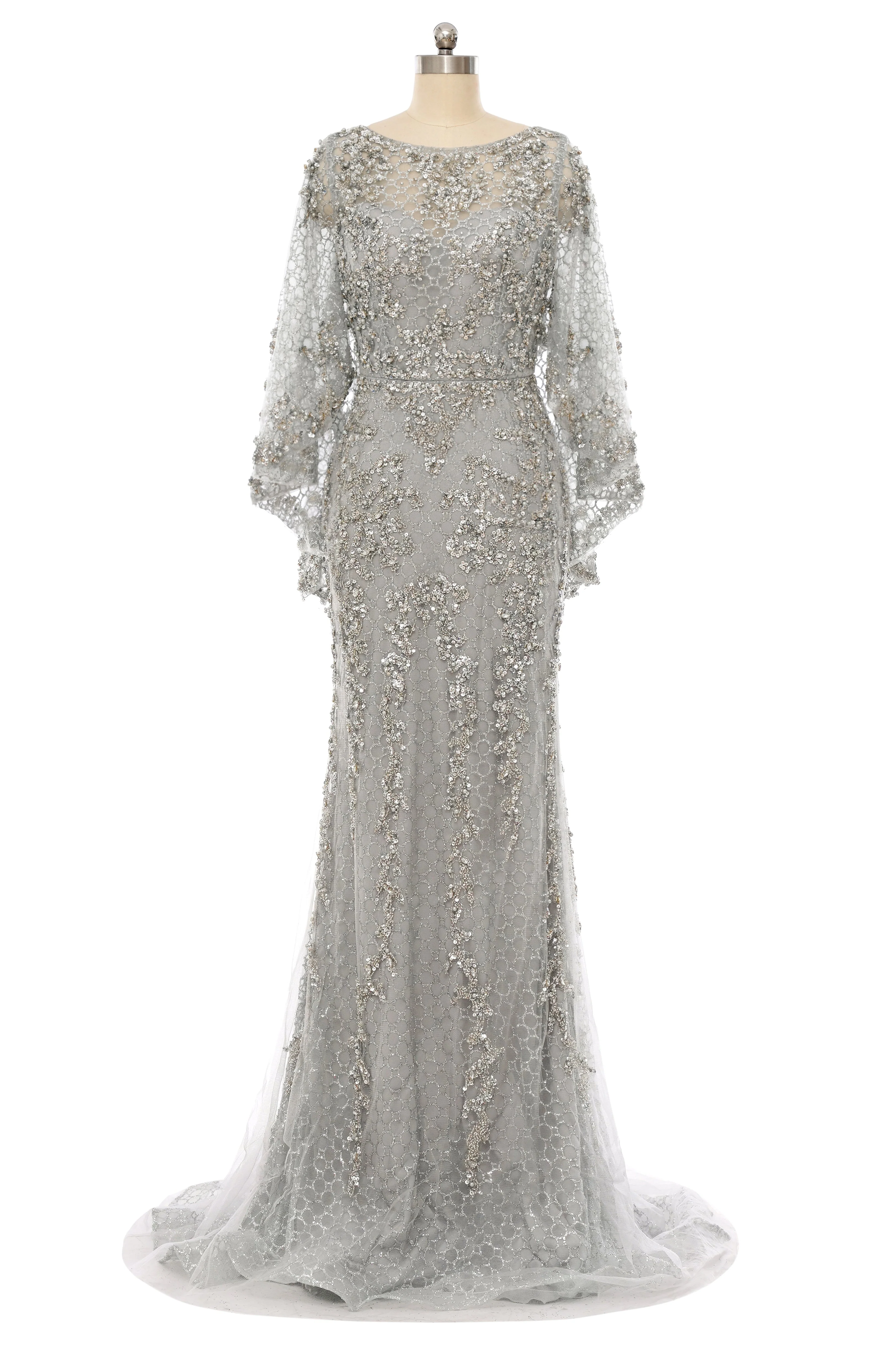 Mermaid Round Floor-length Long Sleeve Sequined Beading Gorgeous Prom Dresses - Image 6
