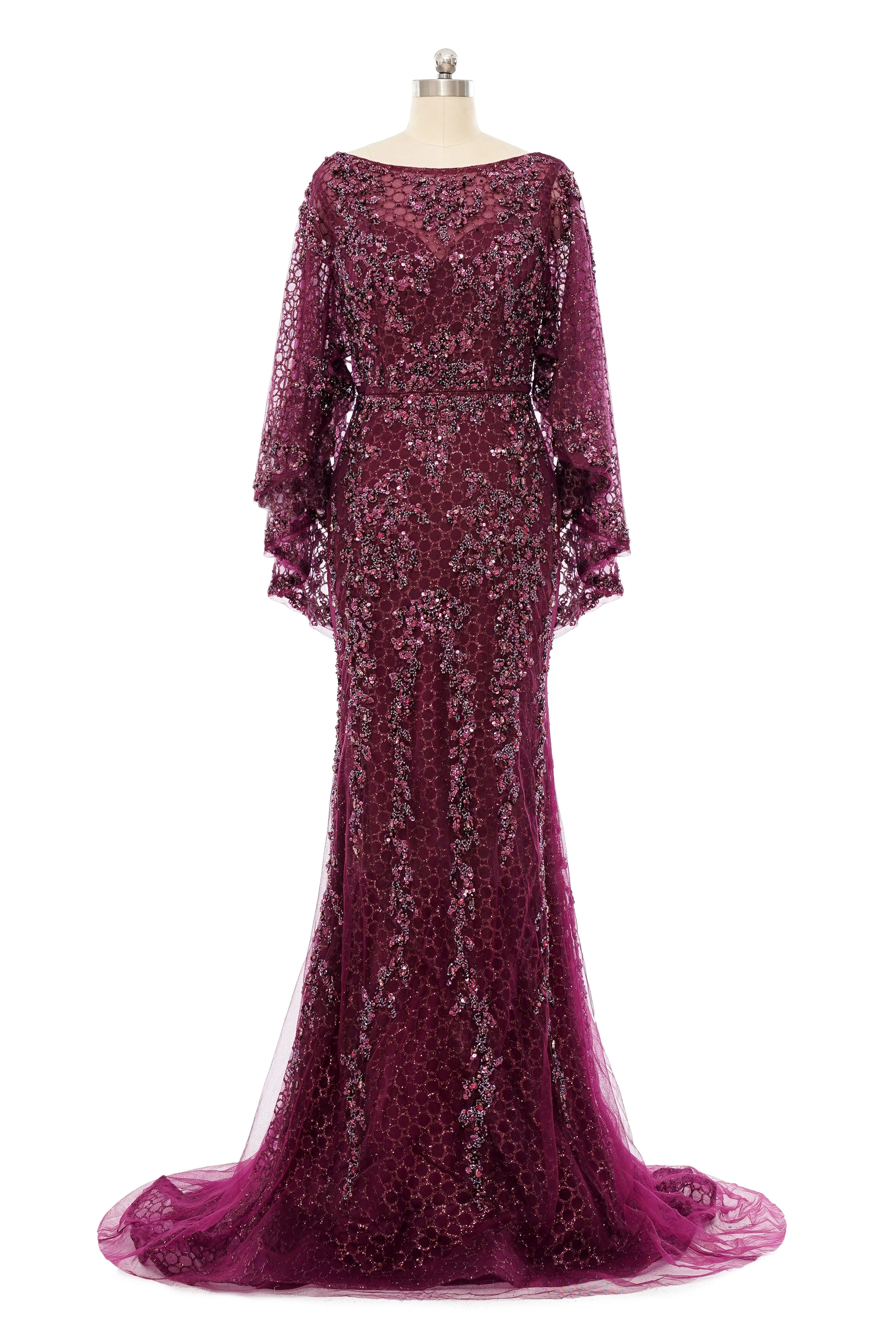 Mermaid Round Floor-length Long Sleeve Sequined Beading Gorgeous Prom Dresses - Image 9