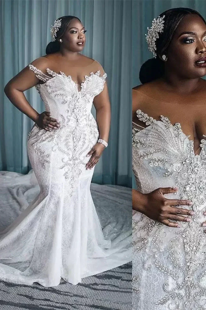 Mermaid Round Lace Applique Short Sleeve Floor-length Beaded Wedding Dress - Image 2
