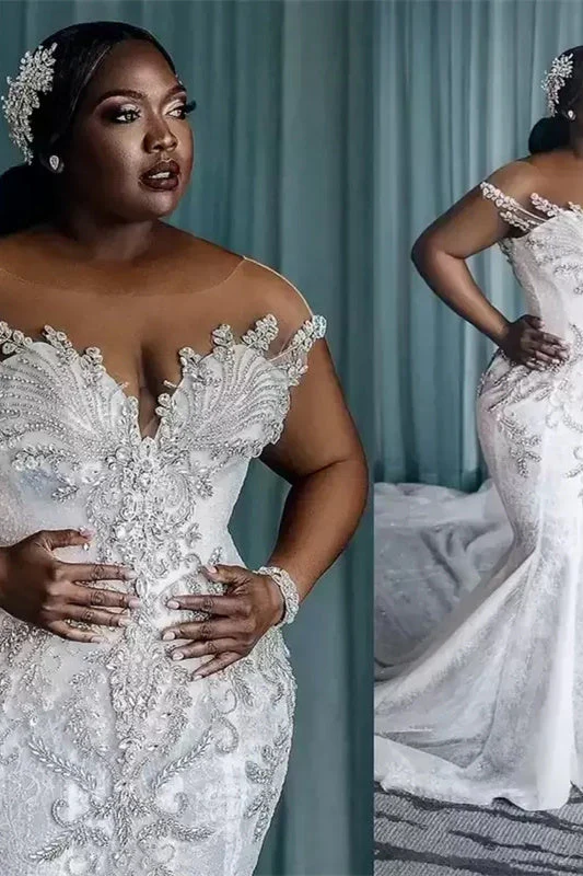 Mermaid Round Lace Applique Short Sleeve Floor-length Beaded Wedding Dress - Image 3