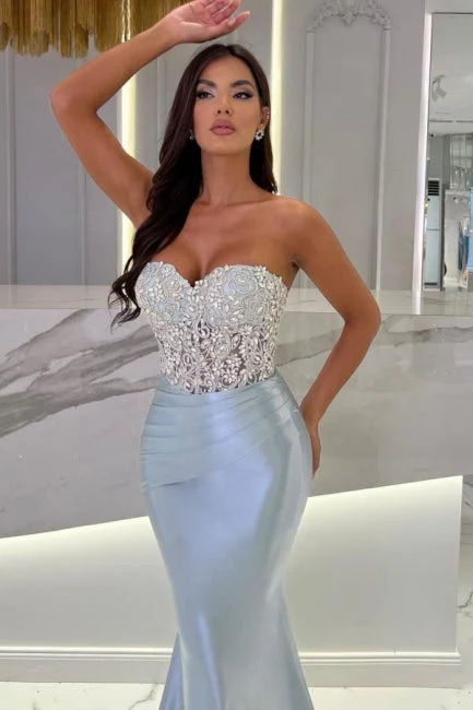 Ballbella Mermaid Sky Blue Stain Sleeveless Sweetheart Long Prom Dress with Beadings - Image 2