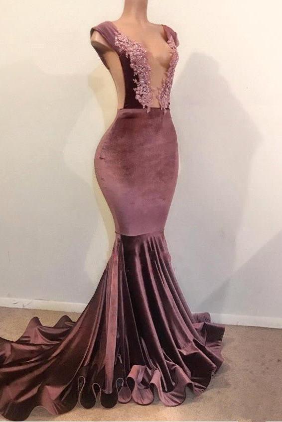 Mermaid Sleeveless Floor Length Appliques Velvet Prom Dresses - Image 2