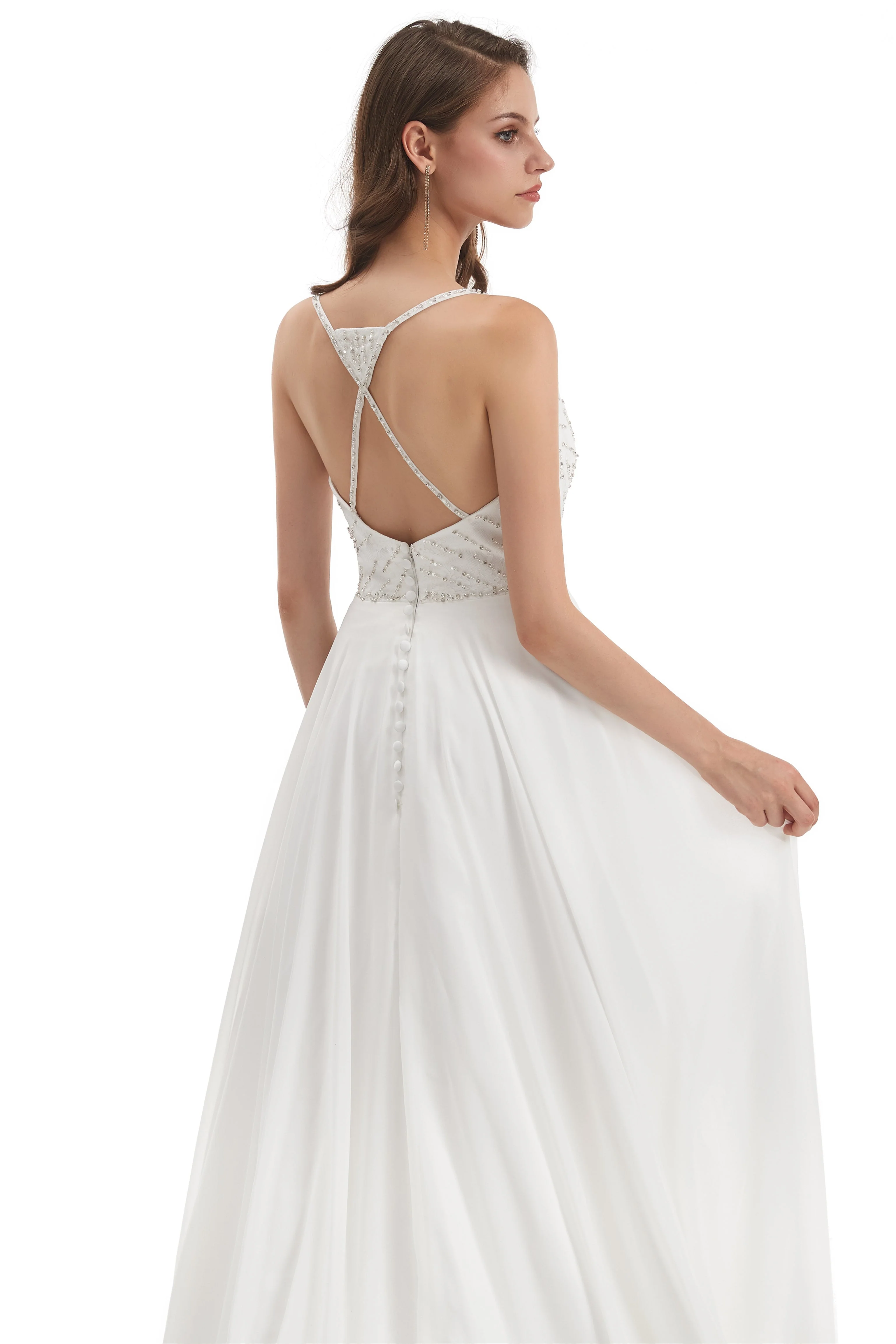 Mermaid Spaghetti strap Beading V-neck Floor-length Sleeveless Backless Wedding Dress - Image 8