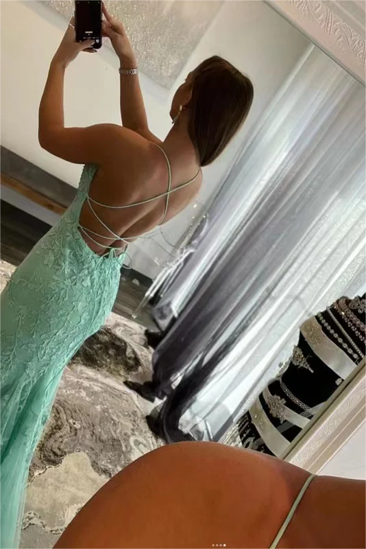 Mermaid Spaghetti strap Floor-length Sleeveless Open Back Appliques Lace Prom Dress - Image 2